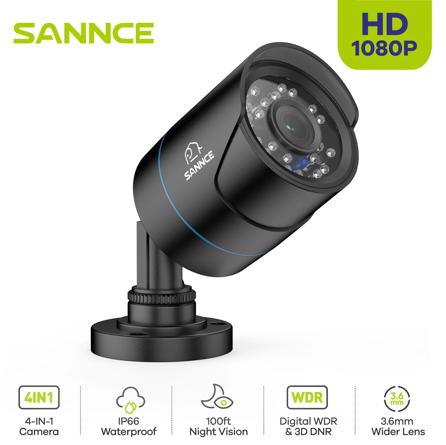 SANNCE HD 1080P 4 IN 1 1080P AHD/TVI/CVI/CVBS Bullet Camera Night Vision 3.6mm Lens Cameras Indoor/Outdoor Weatherproof