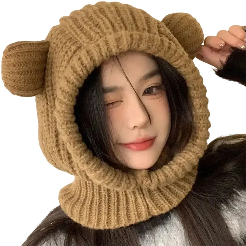 Gorro con capucha de oso de dibujos animados para mujer, bufanda de protección para los oídos cálida, gorro de punto de lana sólida coreana, gorro a prueba de viento para exteriores, Invierno