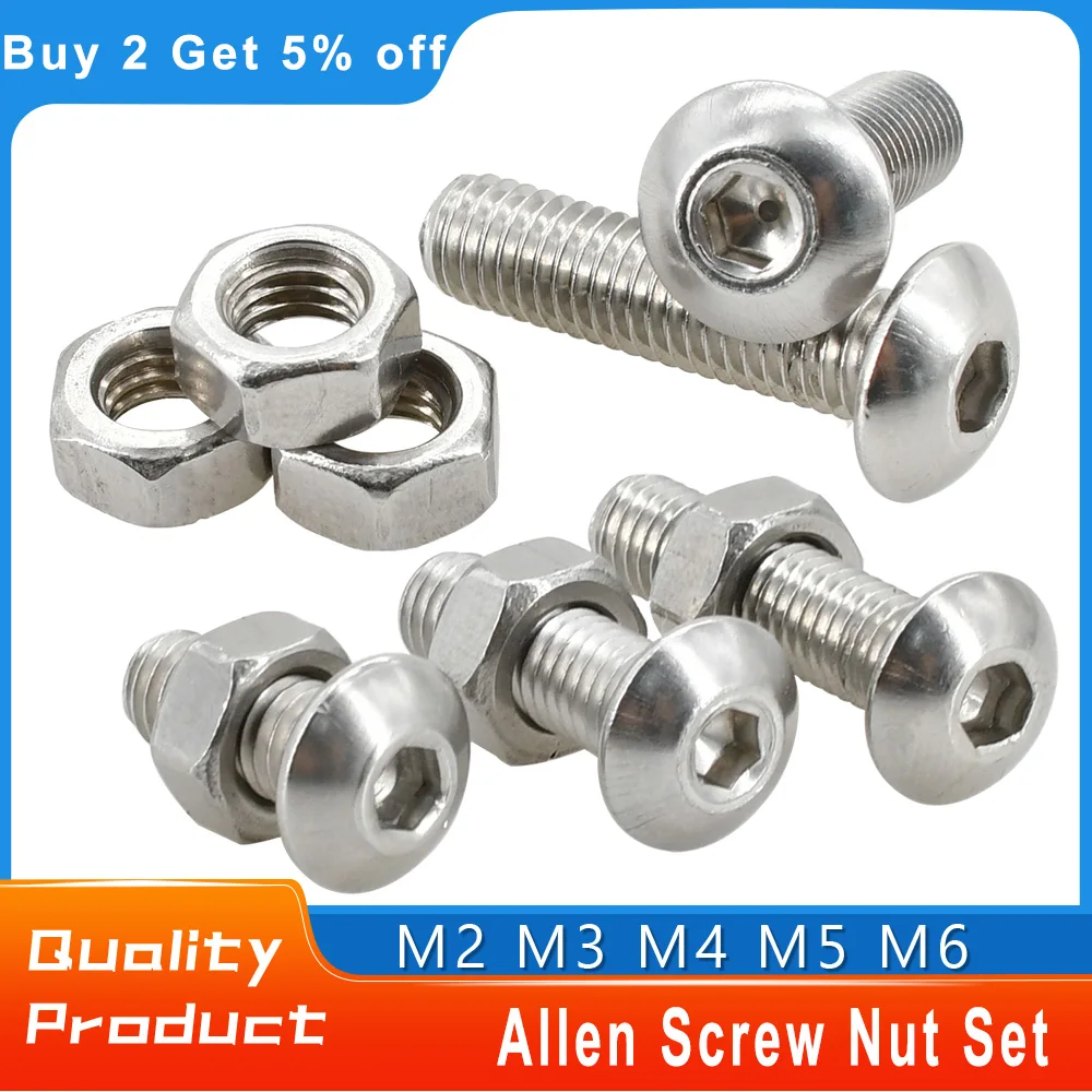 M2 M3 M4 M5 M6 304 Stainless Steel Allen Screw Nut Set Metric Threaded Hex Hexagonal Socket Bolt Nuts Kits Machine Screws Fasten