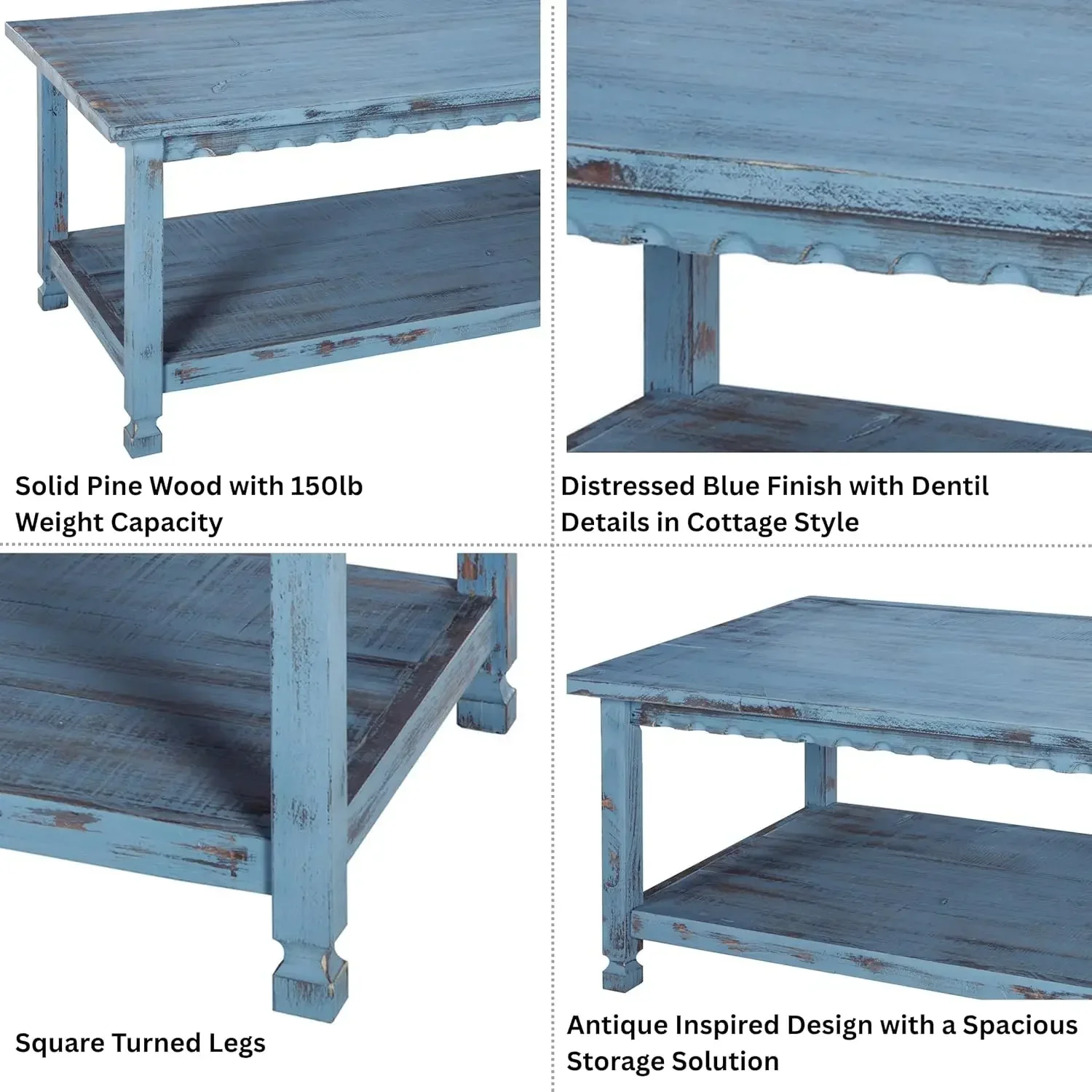 [New Arrival, Free Shipping!]Rustic Rectangular Coffee Table, Living Room Blue Antique, Farmhouse/Cottage Style, Select Hardwood