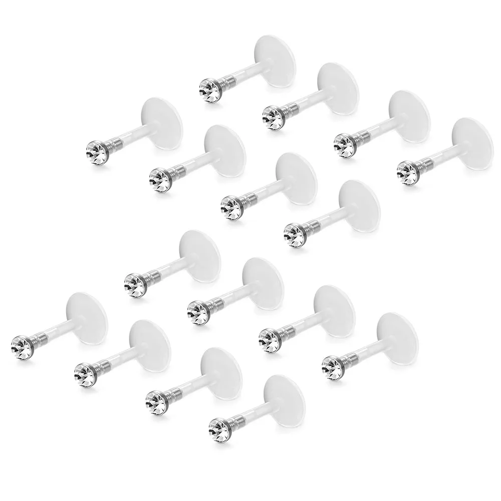 WKOUD 16 Pcs 16G Clear Bioflex 2MM CZ Labret Monroe Lip Ring Helix Stud Earrings Body Jewelry Piercing