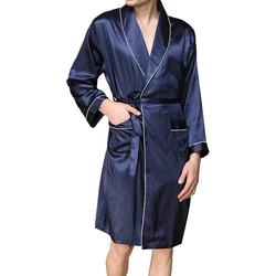 Peignoir en Satin à Manches sulfet Col en V pour Homme, Vêtement de Nuit avec Ceinture et Poches