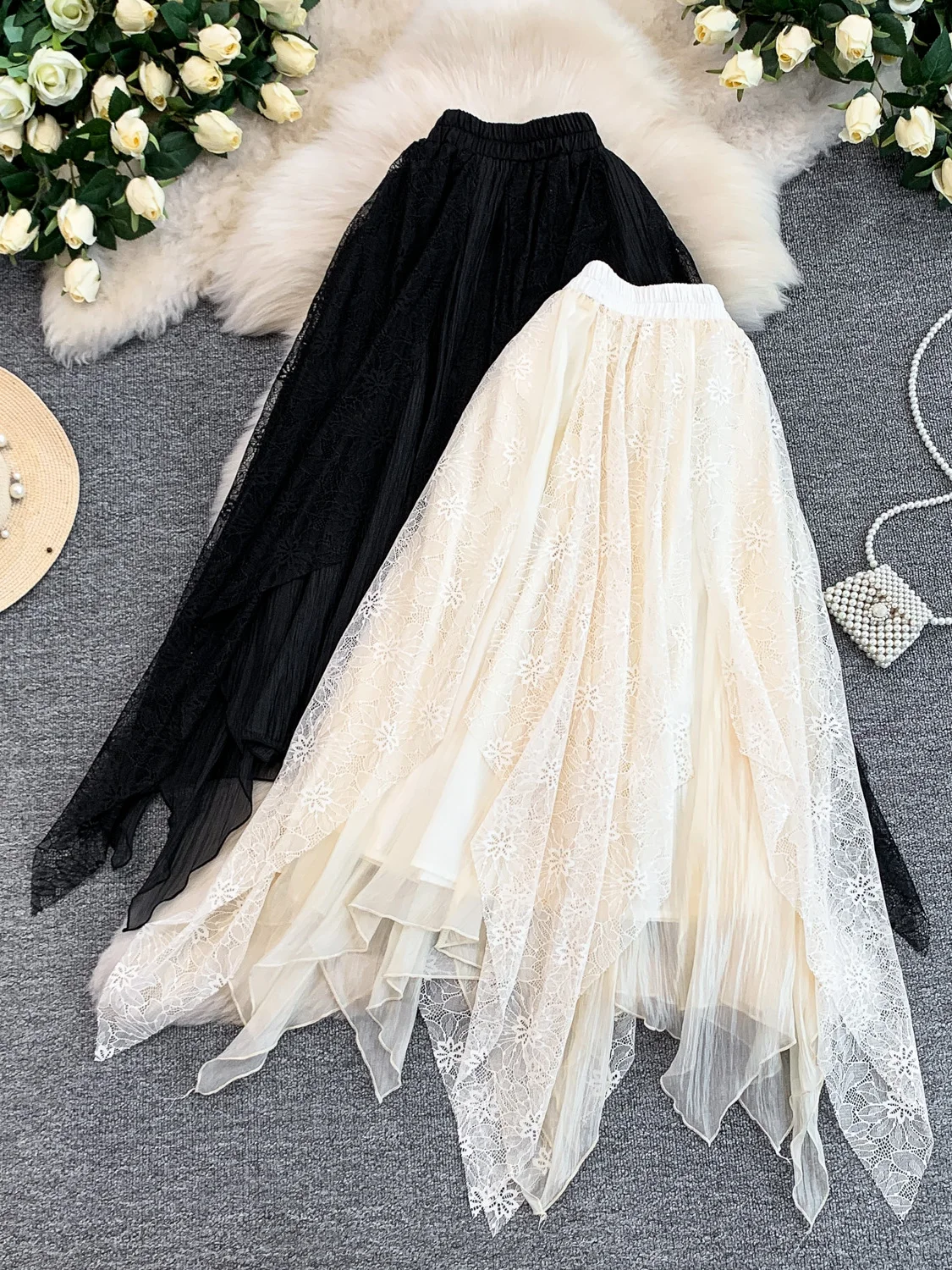 Romantic Atmosphere Asymmetrical Lace Skirt Women's High Waist Slimming Midi Skirt Summer City Commuting Travel Loose Fit