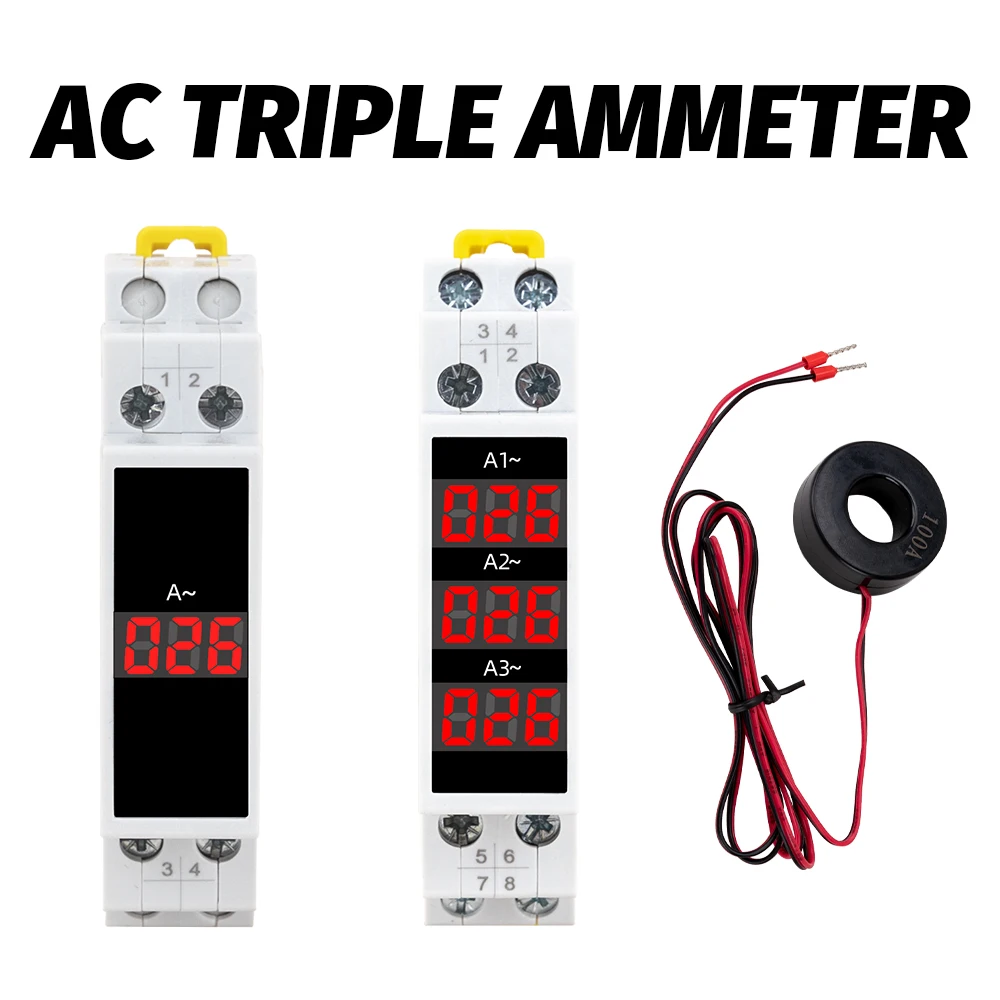 Din Rail Mount 1/3 Phase Ampere Meter Ac 1-100A Mini Modular Current Meter Gauge Indicator LED Digital Display Detector Ammeter