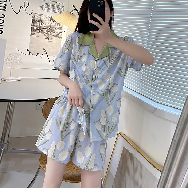 

Women's Pajamas Set Satin Silk Pijamas Leaf Summer 2022 New Casual Turn-down Collar Sleepwear Short Sleeve+Shorts Nightwear