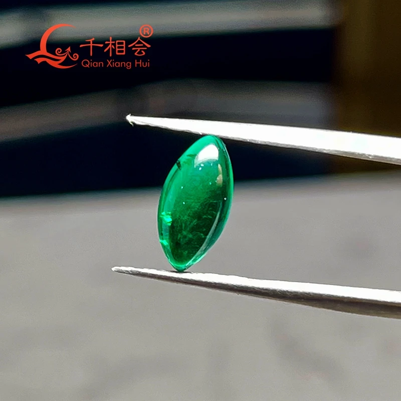 Marquise Shape Flat Back Cabochon Emerald Green Color Grown Hydrothermal Loose Gem Stone with Minor Cracks Inclusions