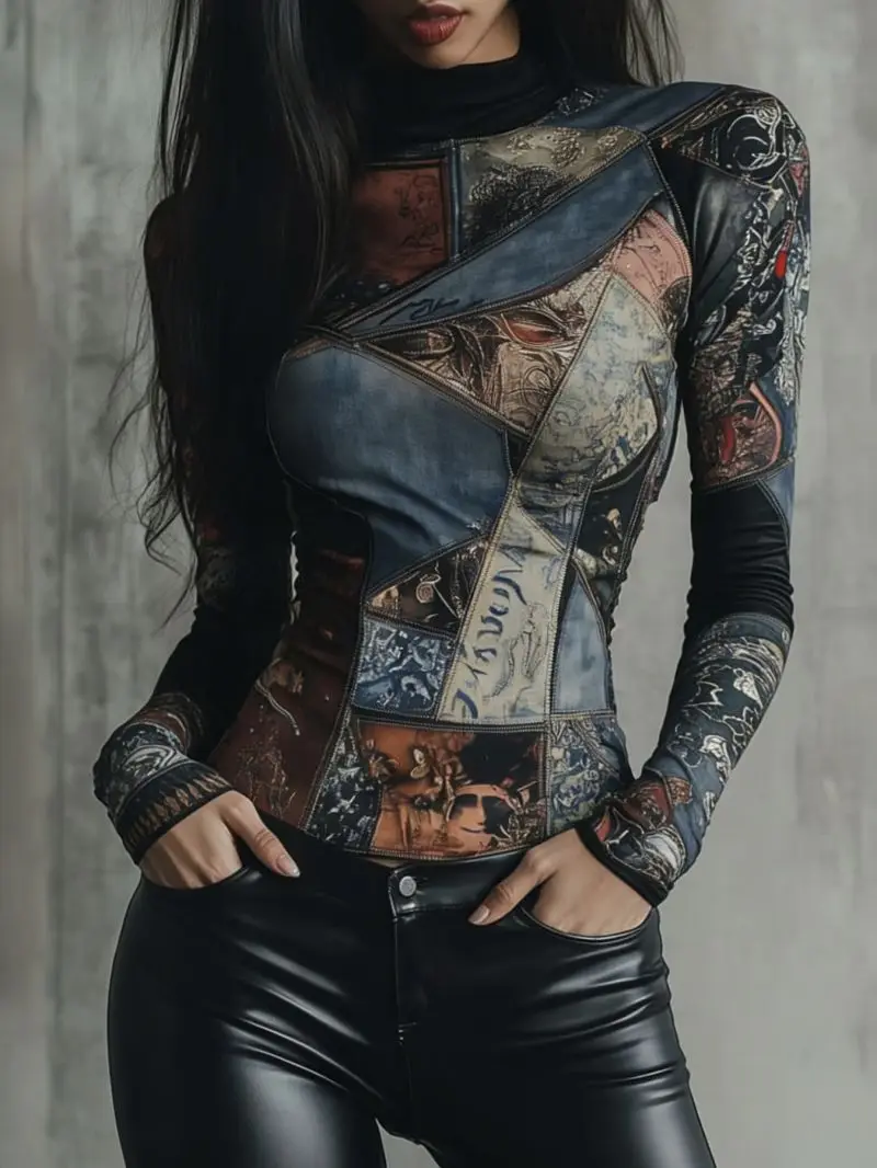 Slim Fit High Neck Long Sleeved Top Waist Cinching Ancient Style Slimming Tight Fit Top