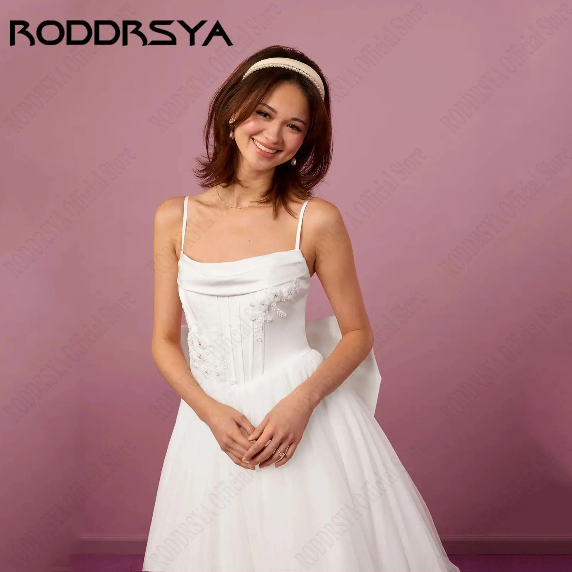 RODDRSYA A Linha Vestidos De Casamento Sem Mangas Com Arco Destacável Spaghetti Straps 3D Flor Noiva Vestidos Lace Up vestido Personalizado A linha de vestidos de casamento sem mangas com arco destacável cintas de espa