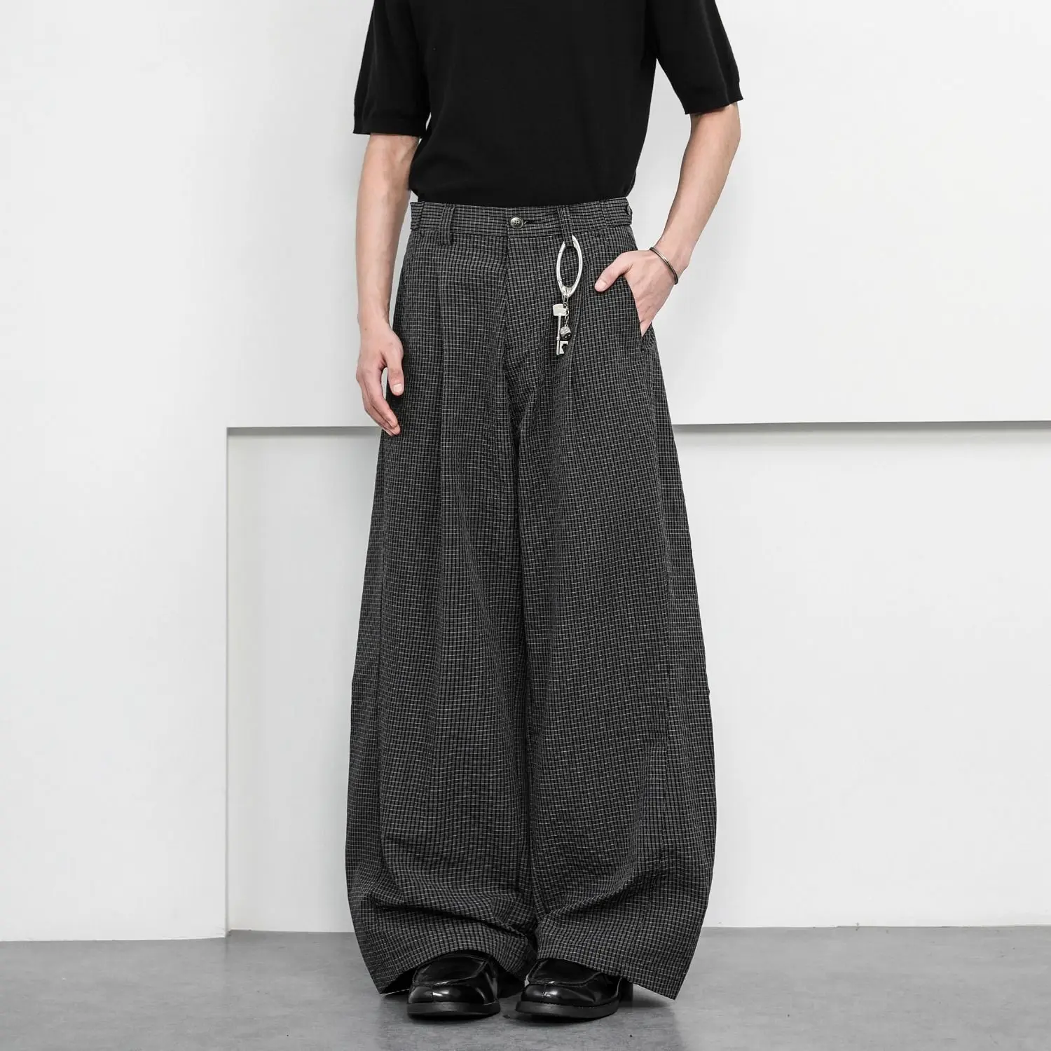 Men's Bubble Grid Wrinkles Retro Wide Leg Pants Autumn Young Boy Trendy Straight Male High Waist Casual Loose Trousers