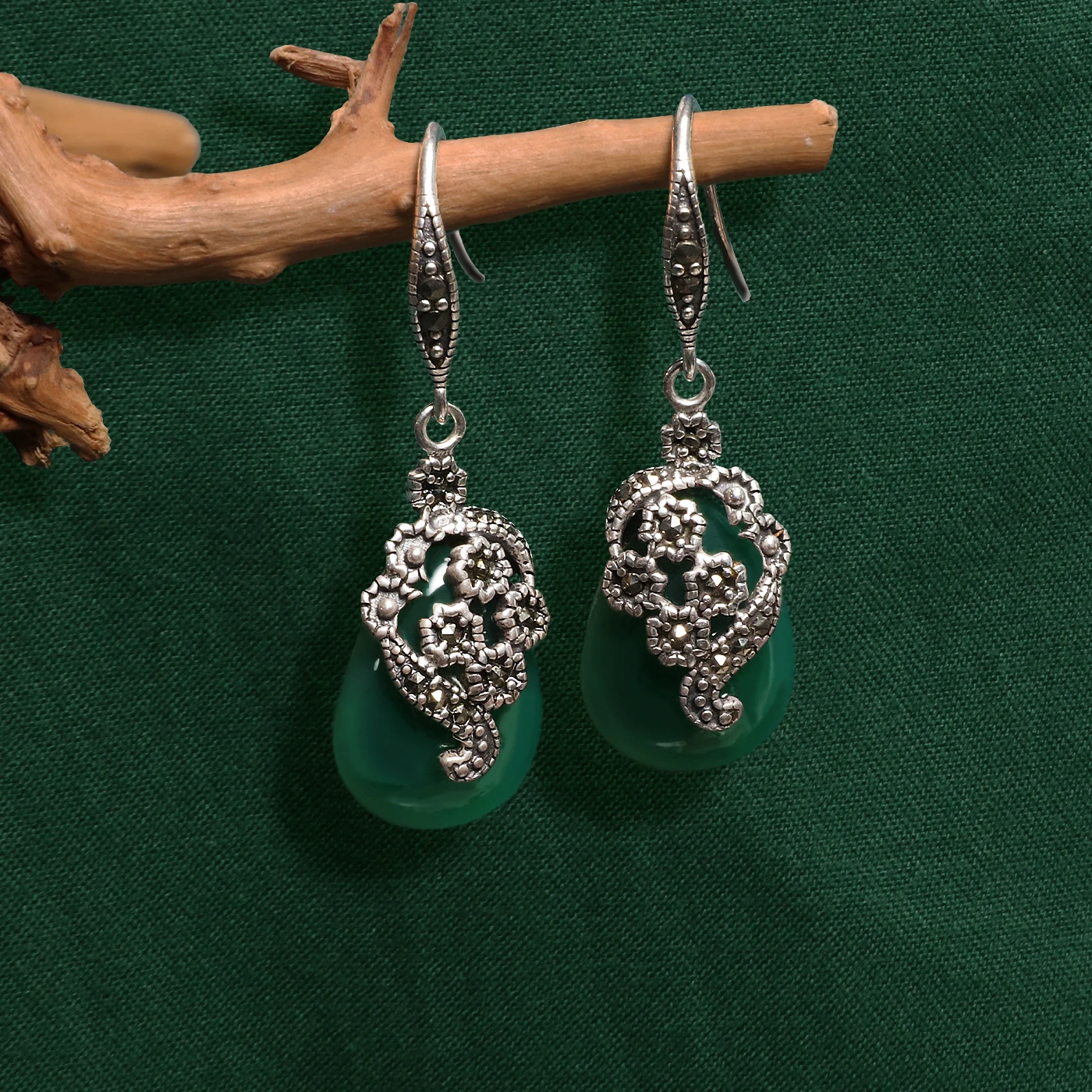  ﻿ ﻿ YYSuniee Thai Silver Solid 925 Sterling Silver Black Onyx Agate Green chalcedony  Drop Dangel Earrings for Women's Gift