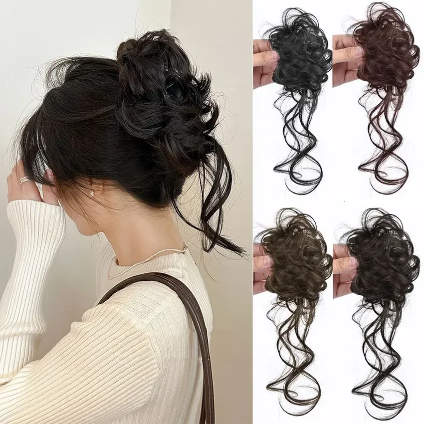 Potongan Rambut Sanggul Berantakan Sintetis Ekstensi Rambut Updo Kusut dengan Klip Cakar Ikat Rambut Keriting untuk Wanita Anak Perempuan