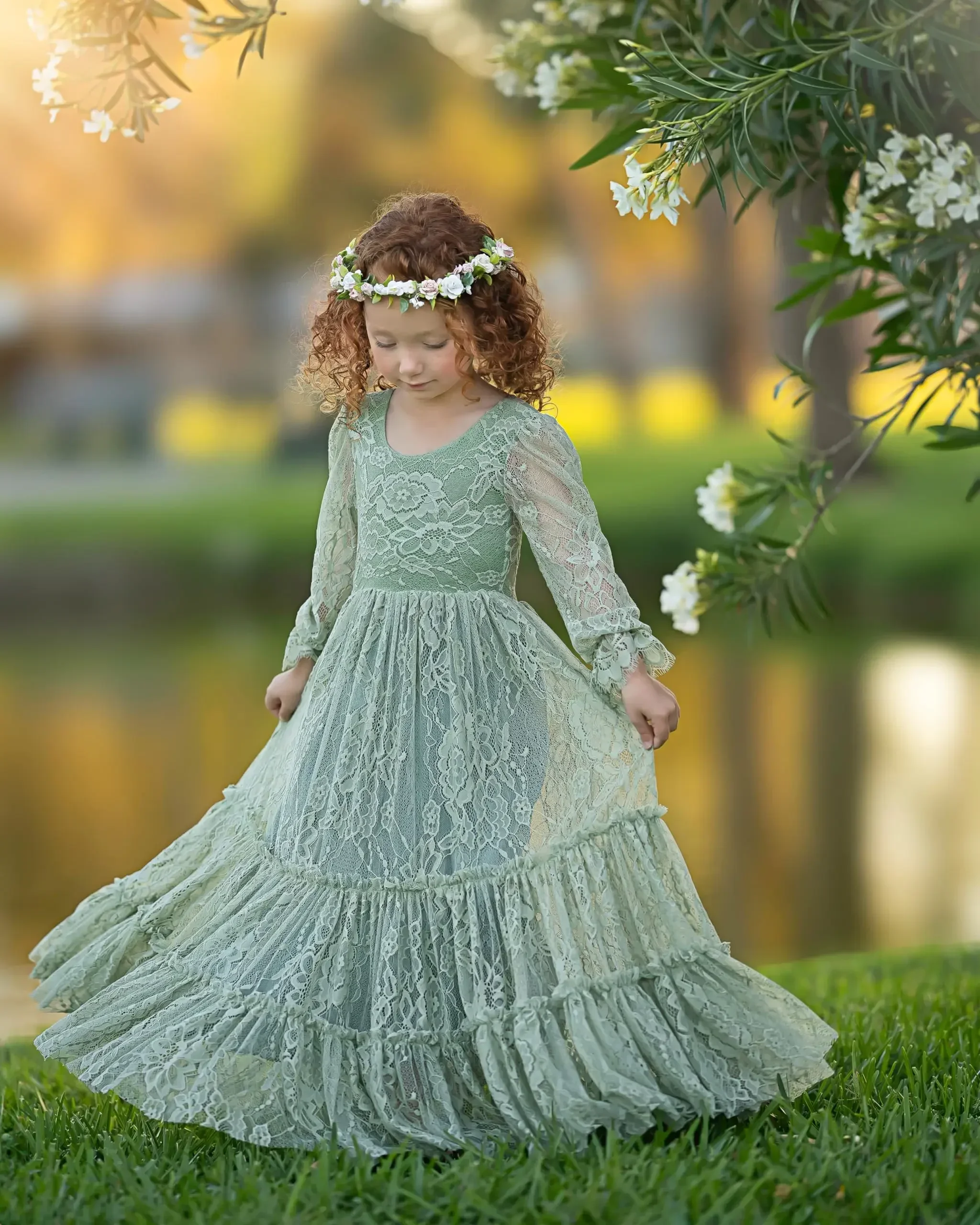 Vestidos de niña de flores verdes personalizados, vestido de desfile para boda, Apliques de encaje, largo hasta el suelo, fiesta de cumpleaños, vestidos de primera comunión