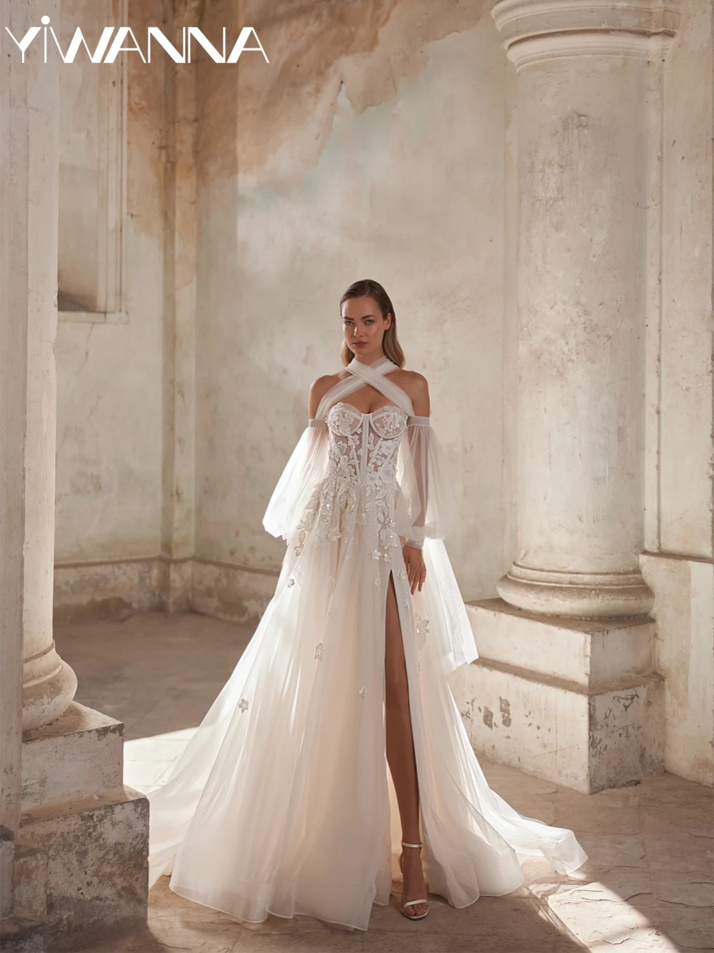 

Detachable Sleeve Sequined Appliques Wedding Dress Sweetheart Neck Bridal Gown Customized A-line High Slit Dresses For Bride
