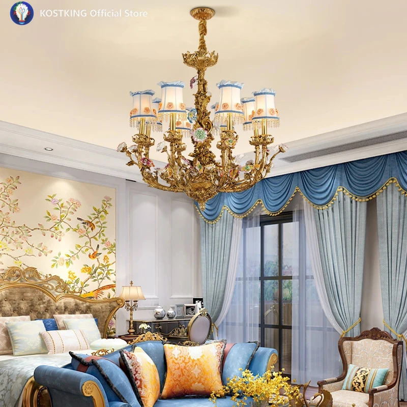 Luxury French Brass Ceramic Flower Adorned Chandelier, Classical Style For Palace, Villa Hall And Bedroom