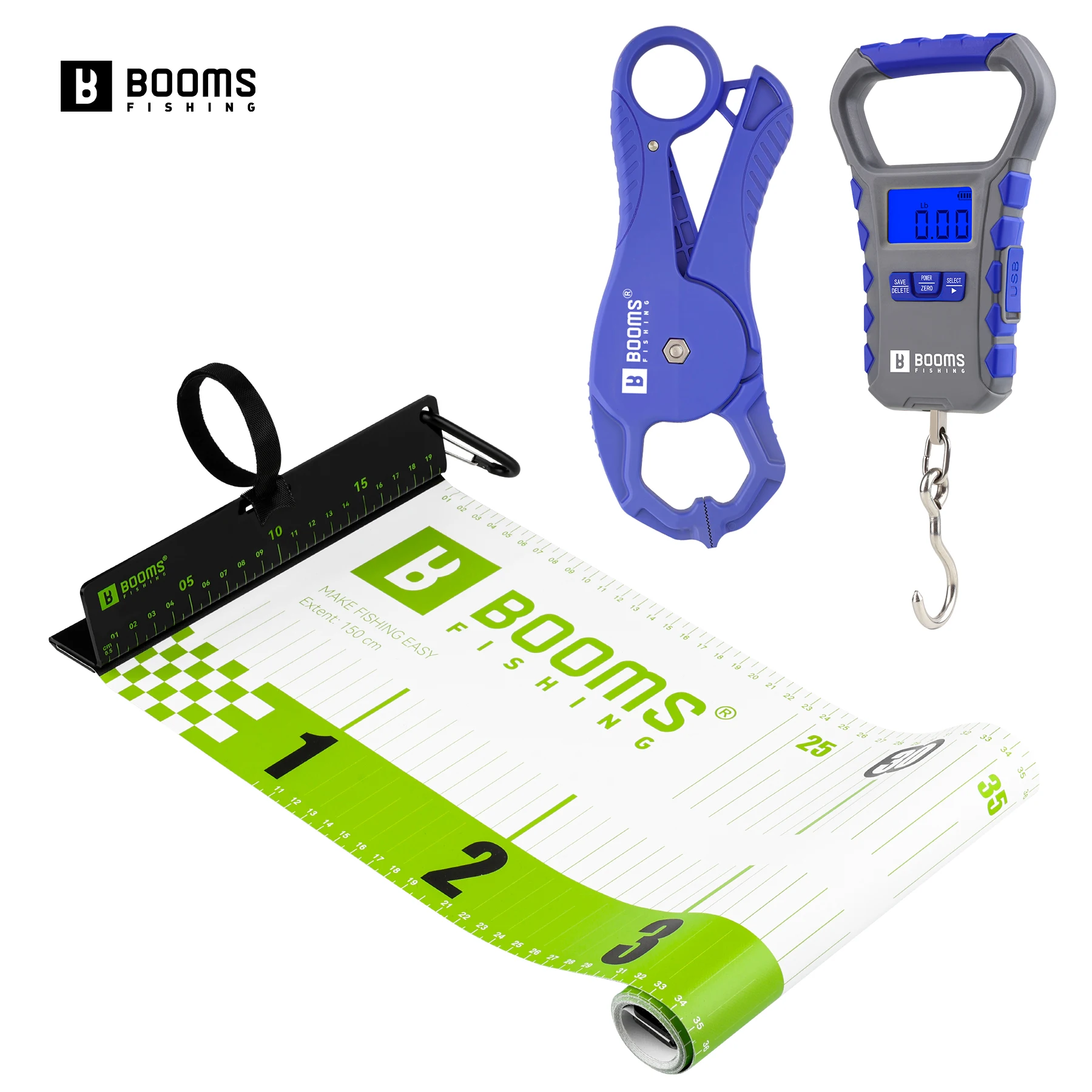 

Booms Fishing 150cm Waterproof PVC Measuring Fish Ruler Fish Gripper and Rechargeable 30KG Weighing Scale Fishing Tools Set