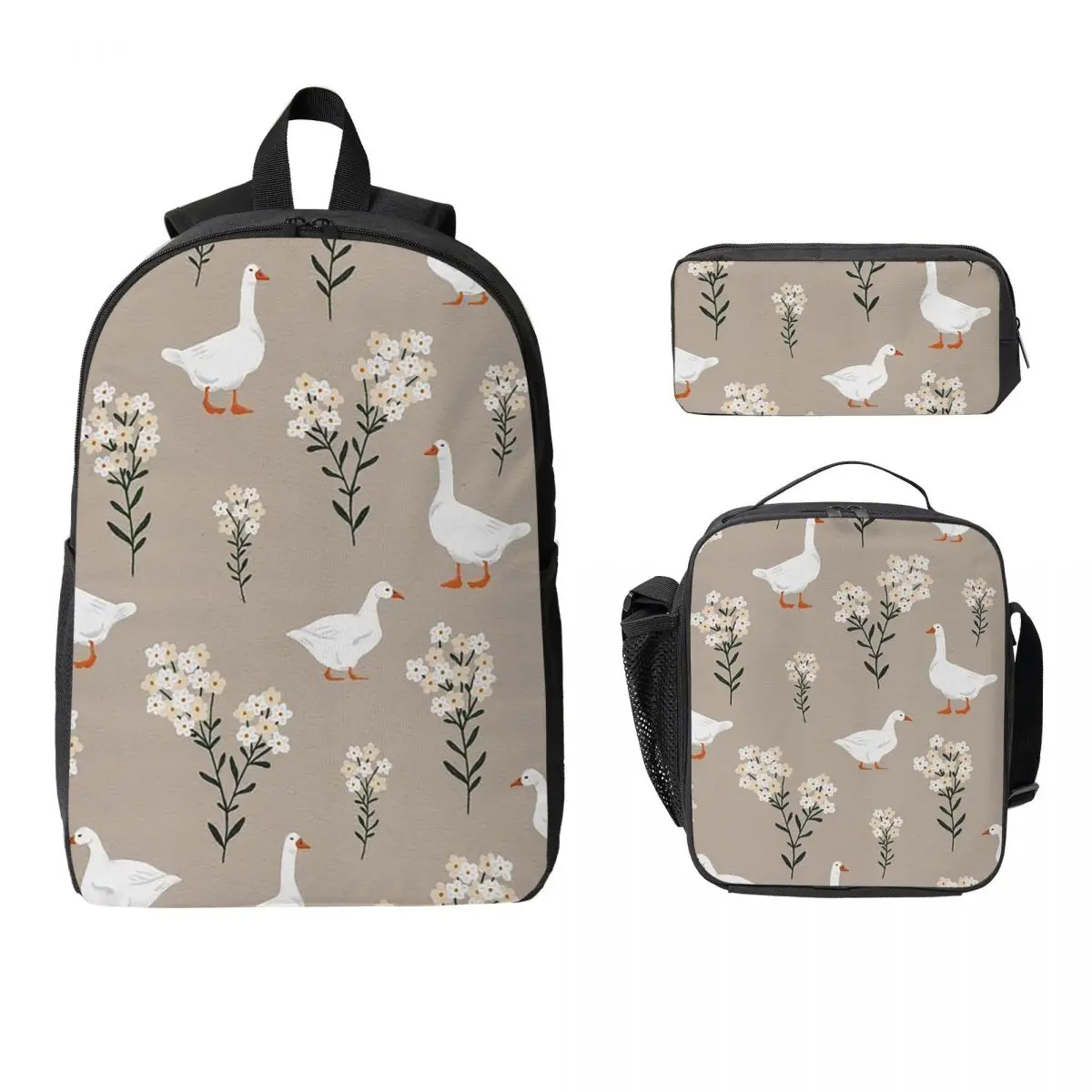 Nordic Style White Goose Pattern Backpack Student BookBag School Bag Laptop Shoulder Bags 3ps Insulated Lunch Bag Pencil Case