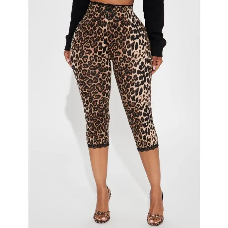 

Ele Leopard Print Fitted Pants for Women Polyester Fiber New Sle Cross-Border plus Size Comfortable Warmth Spring Season