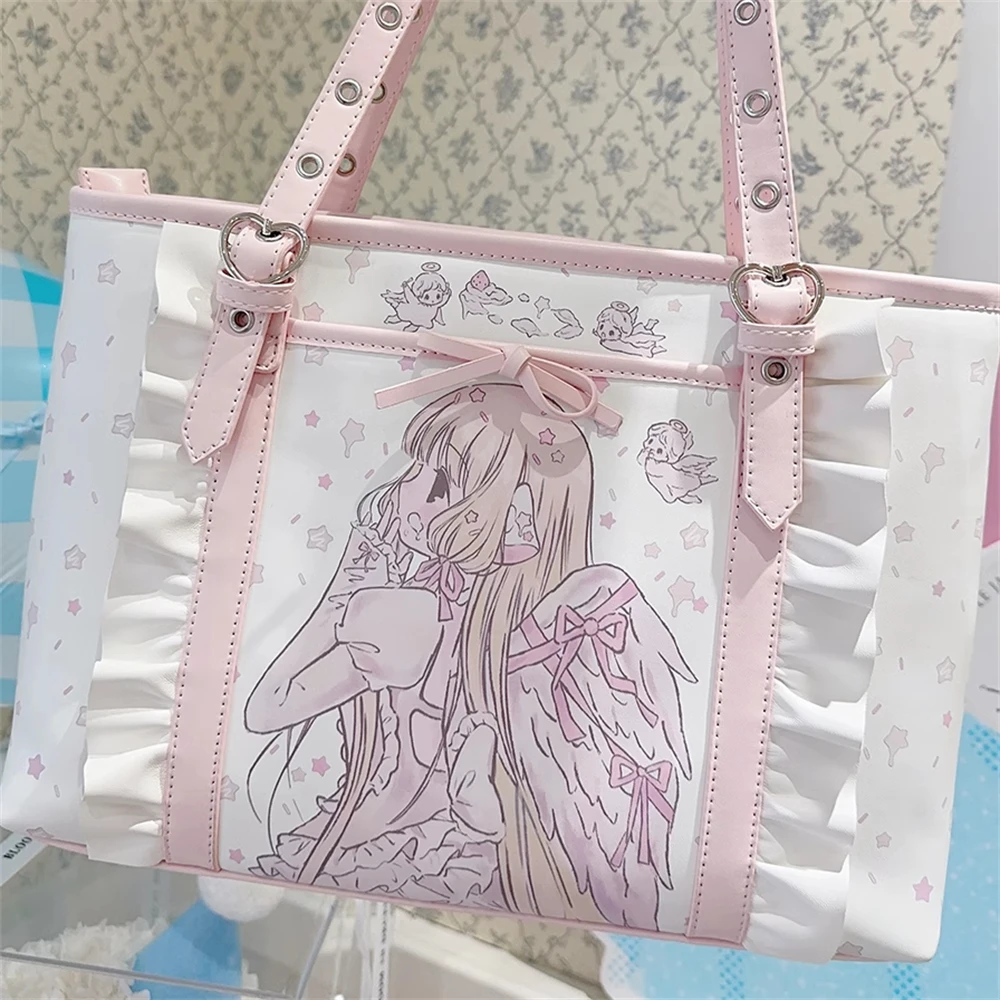 Student Commuter Shoulder Bag Kawaii Girl Angel Printed Storage Bag Student Outdoor Travel Belt Sandwich Zipper Storage Bag