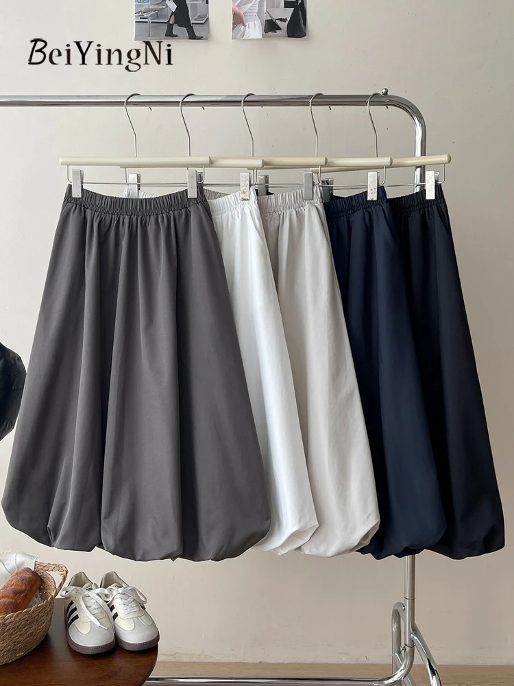 Spódnice midi Beiyingni damskie, długie, w kształcie litery A, jednokolorowe, nowa moda, codzienne, z wysokim stanem, spódnice typu \"bud skirt\" 2025, koreański krój rozkloszowany, faldas.