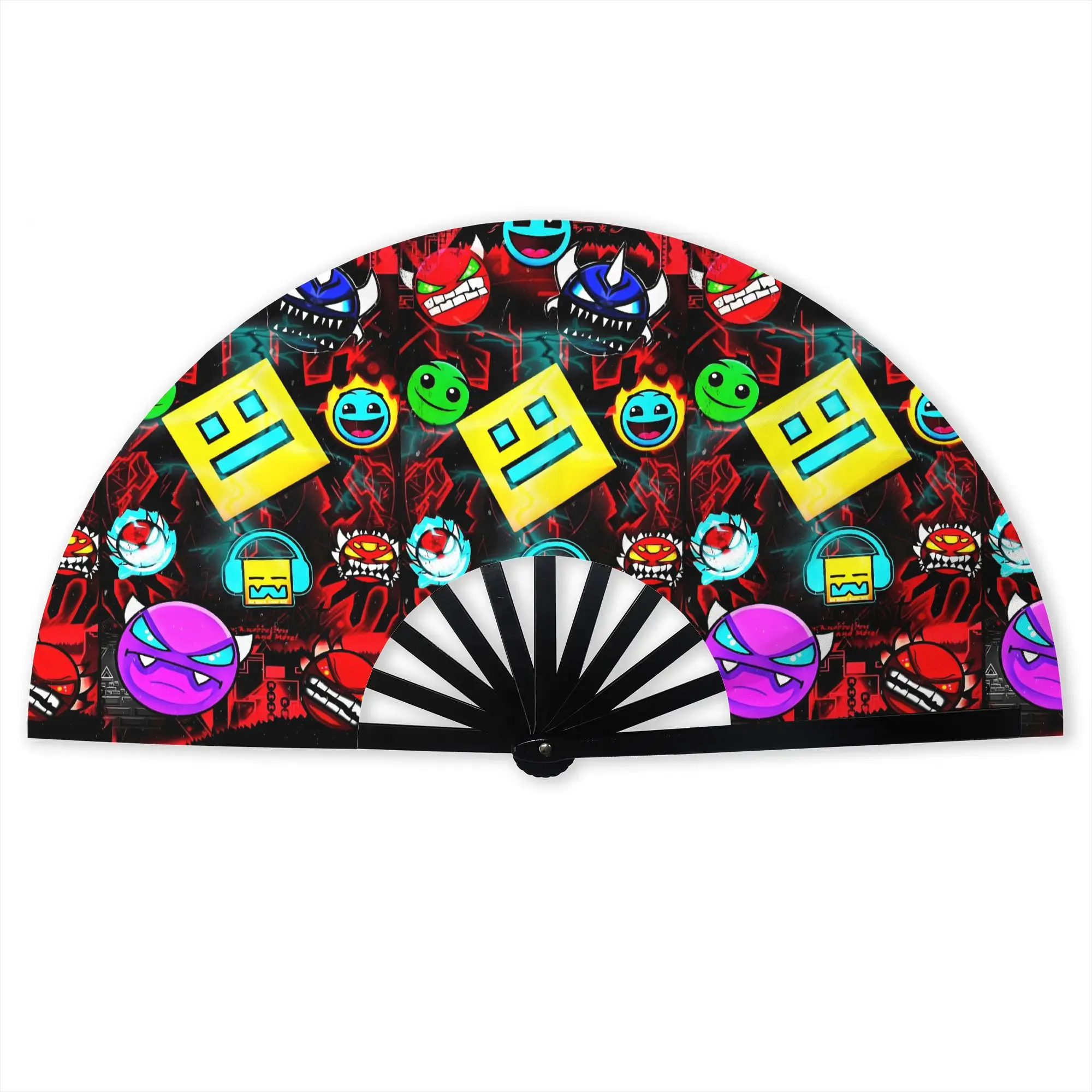 Red Geometry Dash Stylish Hand Fan Unisex Dark Demon Printed Polyester Fan  Aesthetic For Wedding Party Gift