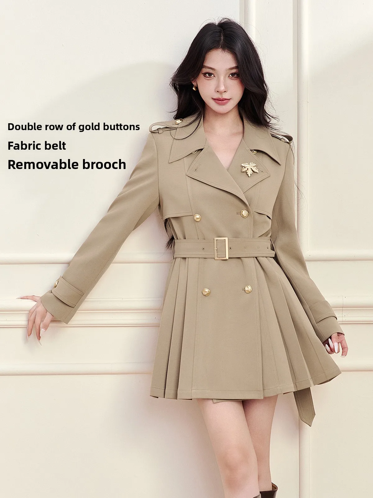 

Elegant British Style Women's Long Coat with Belt Double Row Buttons Slim Fit Polyester Fiber Windbreaker for Autumn Season