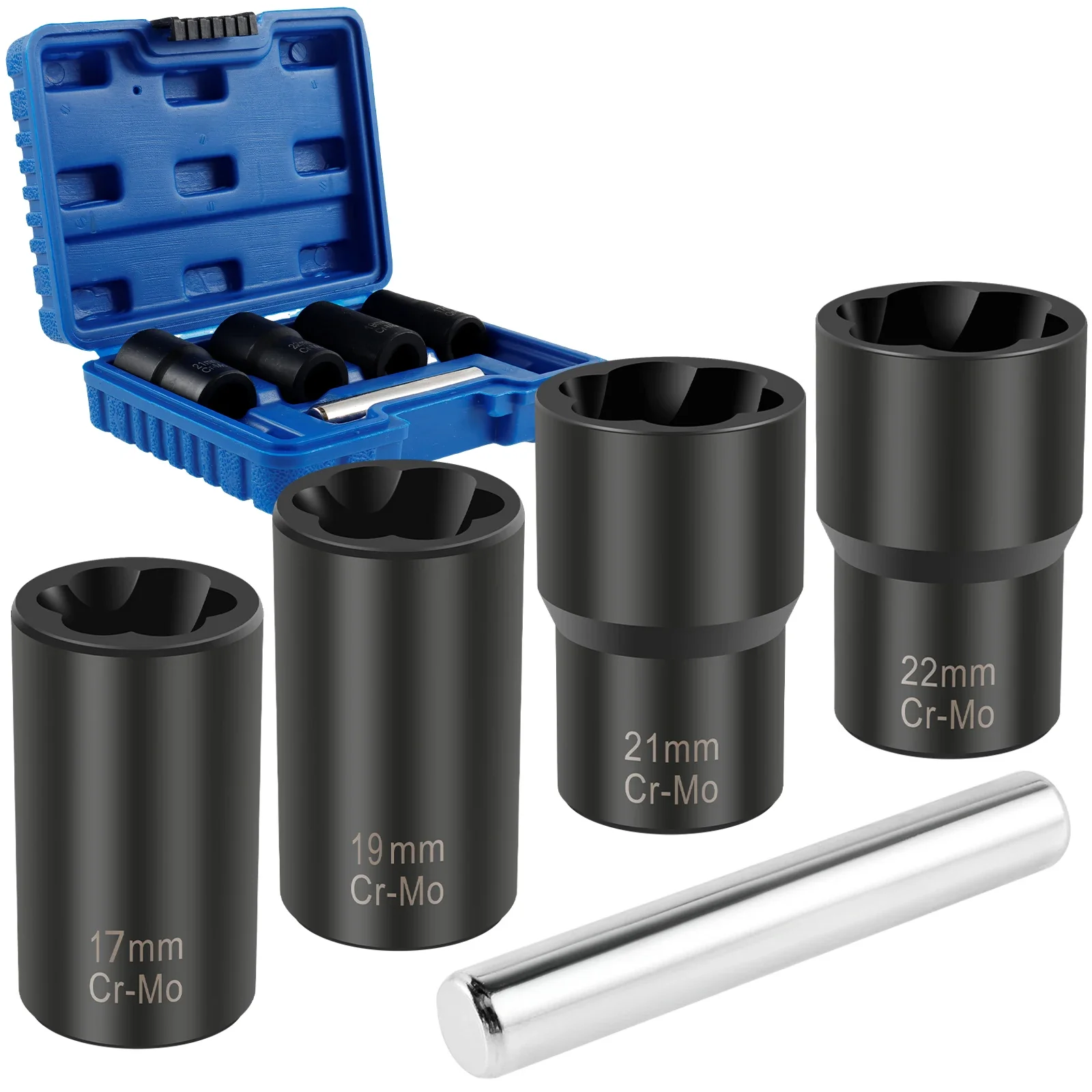 

5Pcs Damaged Nut Extractor Set Durable Broken Bolt and Nut Remover 17/19/21/22mm Screw Extractor Socket Wheel Nut Removal Tool