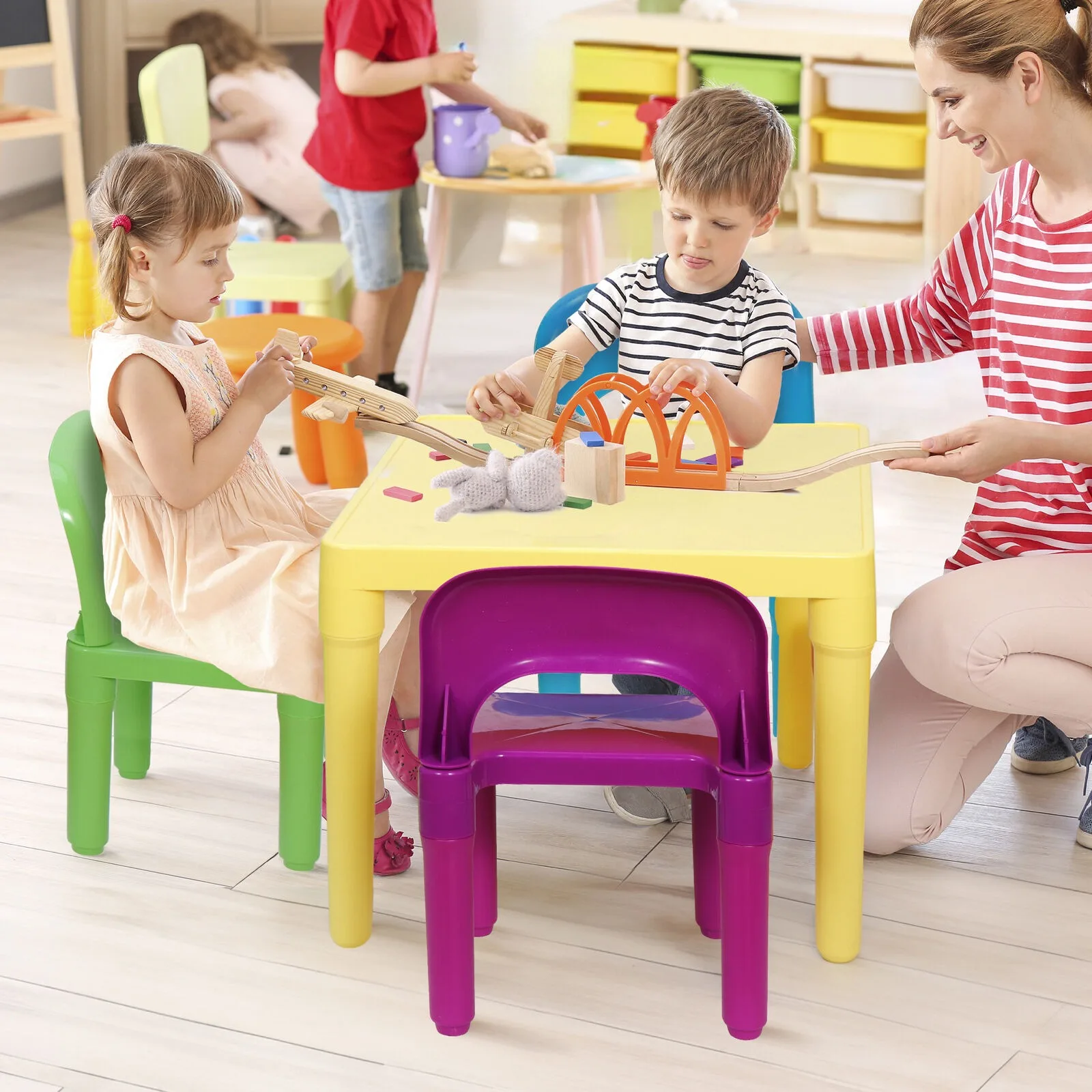 Mesa y 4 sillas para niños, juguetes de fiesta para niños pequeños, muebles de actividades divertidas, Juego