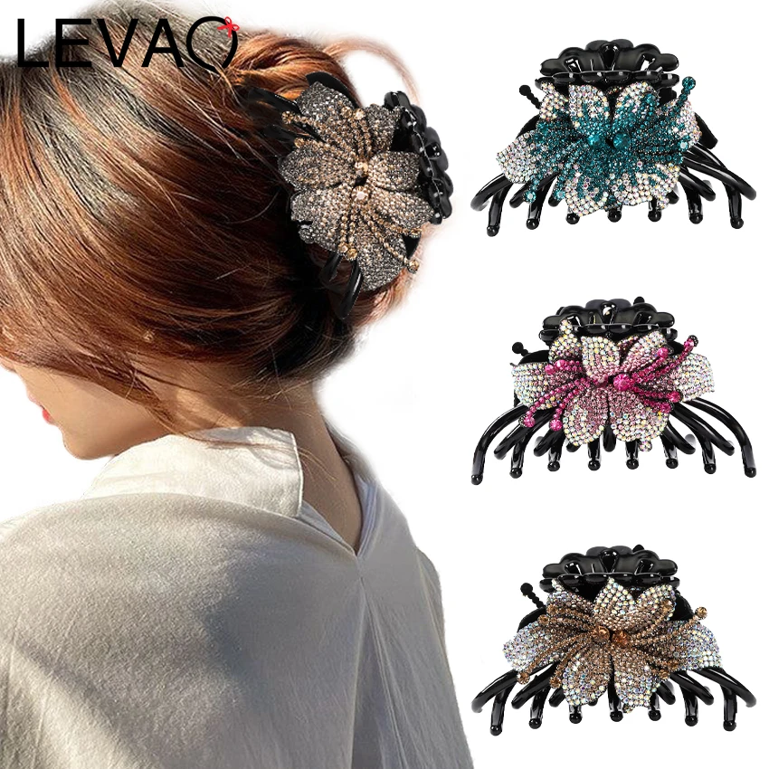 LEVAO Elegant Rhinestone Flower Hair Grab Ladies Vintage Crystal Headwear Fashion Spider Claw Clip Barrettes Hair Accessories