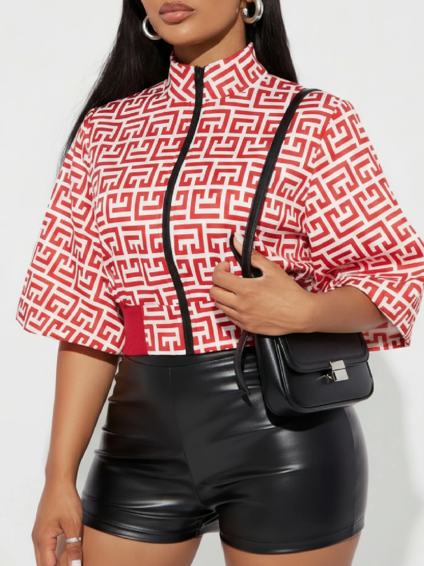 Chic Urban Women`s Cropped Bomber Jacket Geometric Print Daily Casual Short Coat Spring Fall Bishop Sleeve Stand Collar Y2K Tops