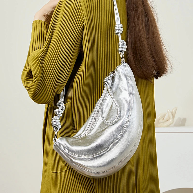 Burminsa kożuch prawdziwej skóry Hobo torby na ramię Crossbody dla kobiet 2024 Trend projektant półksiężyc srebrne torebki damskie