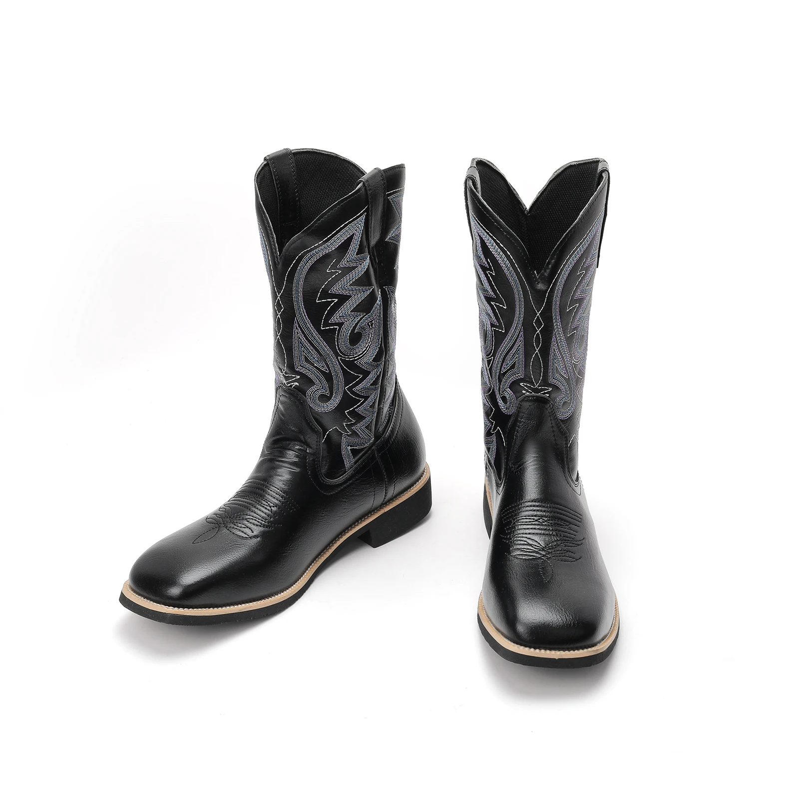 Femmes bottes occidentales bout carré sans lacet mi-mollet cousu Botas Cowgirl bottes femme broderie talon bas chaussures de rue