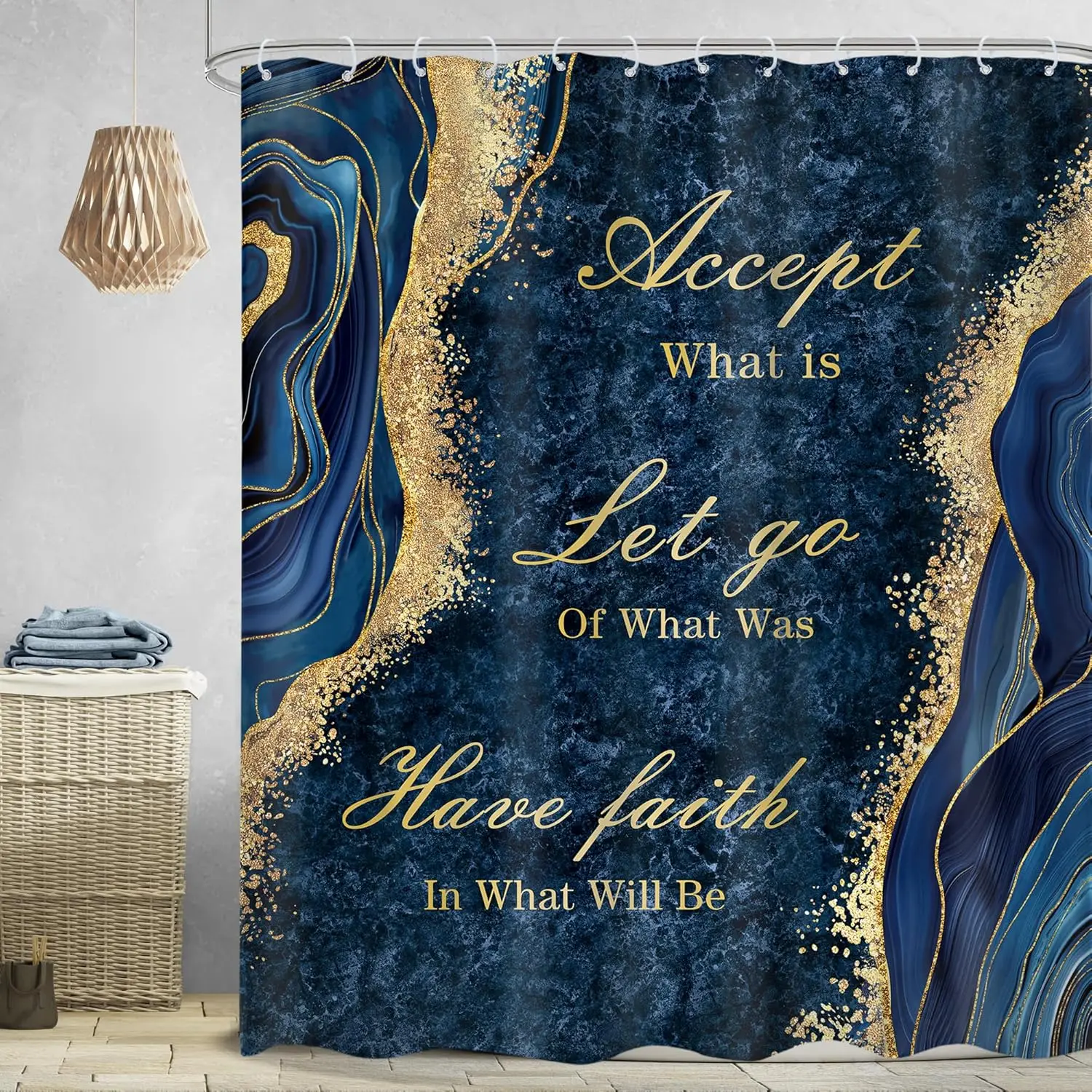 Navy Blue Marble Shower Curtain Inspirational Quotes Abstract Gold Veins Modern Luxury Aesthetic Fluid Ink Texture Waterproof