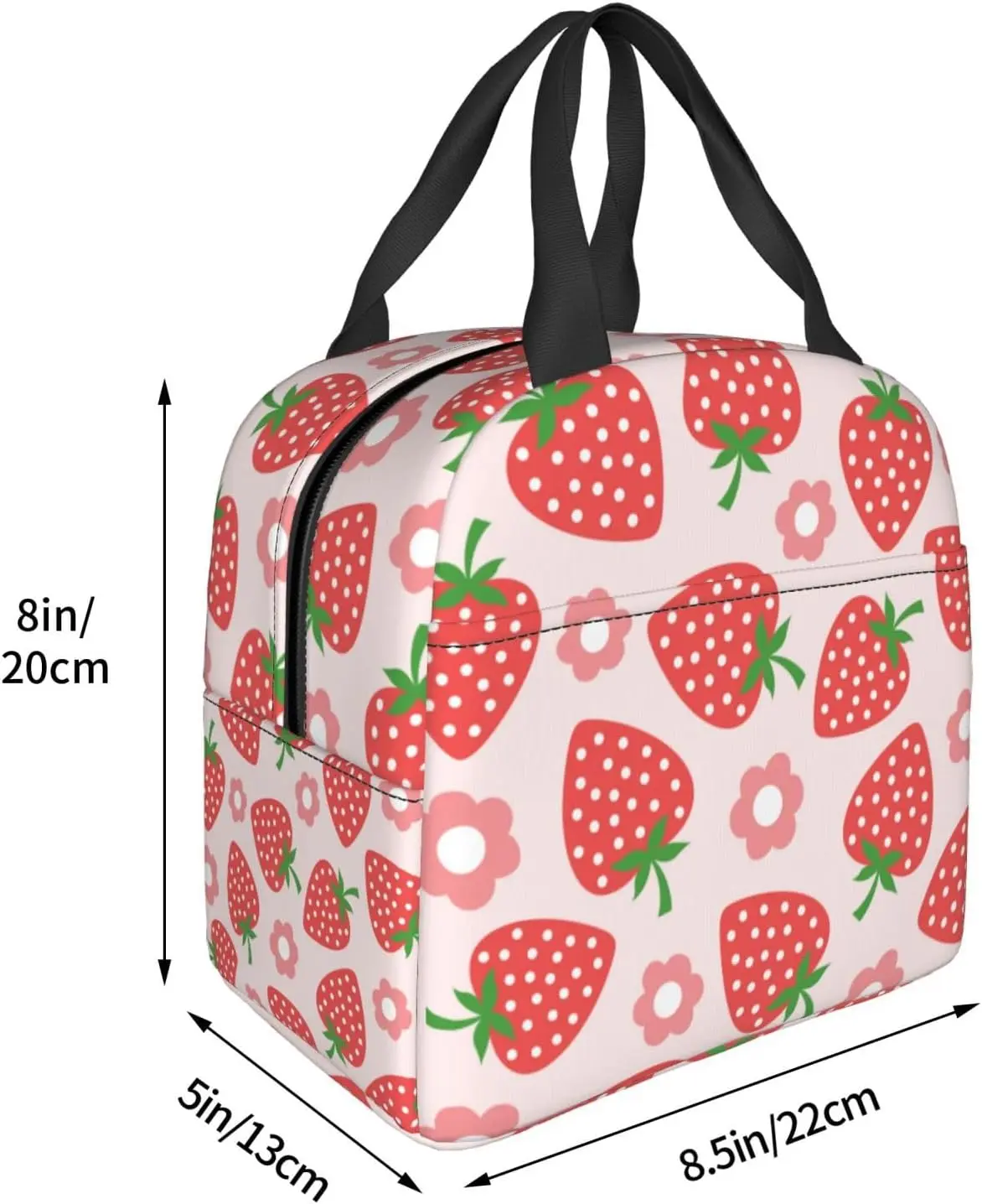 Pink Strawberry Cute Flower Insulated Lunch Bag For Men Women Reusable Lunch Box Container Waterproof Portable Cooler Thermal