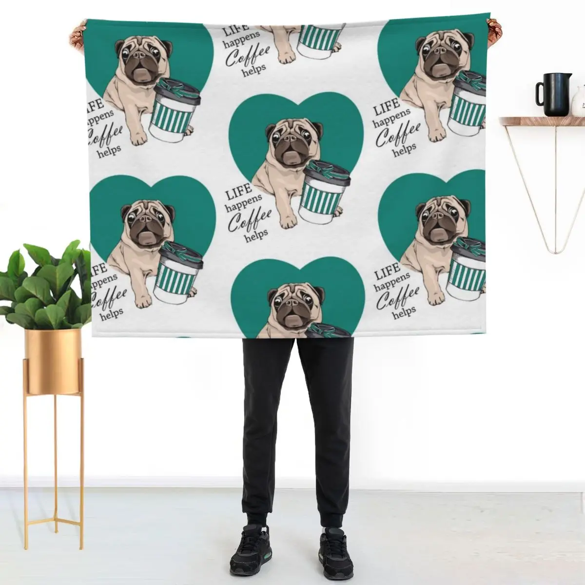 sweet pug: Life happens, Coffee helps Throw Blanket Soft Warm Blanket Gift for Men Women Adults