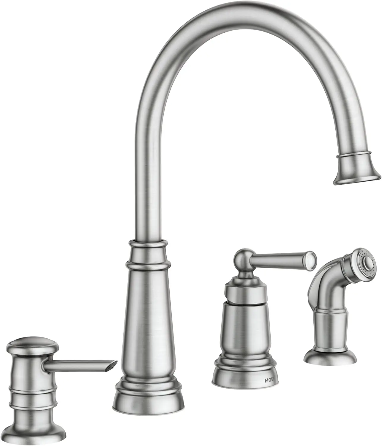 

Spot Resist Stainless One-Handle High Arc 4-hole Kitchen Faucet with Side Sprayer and Soap Dispenser, 87042SRS