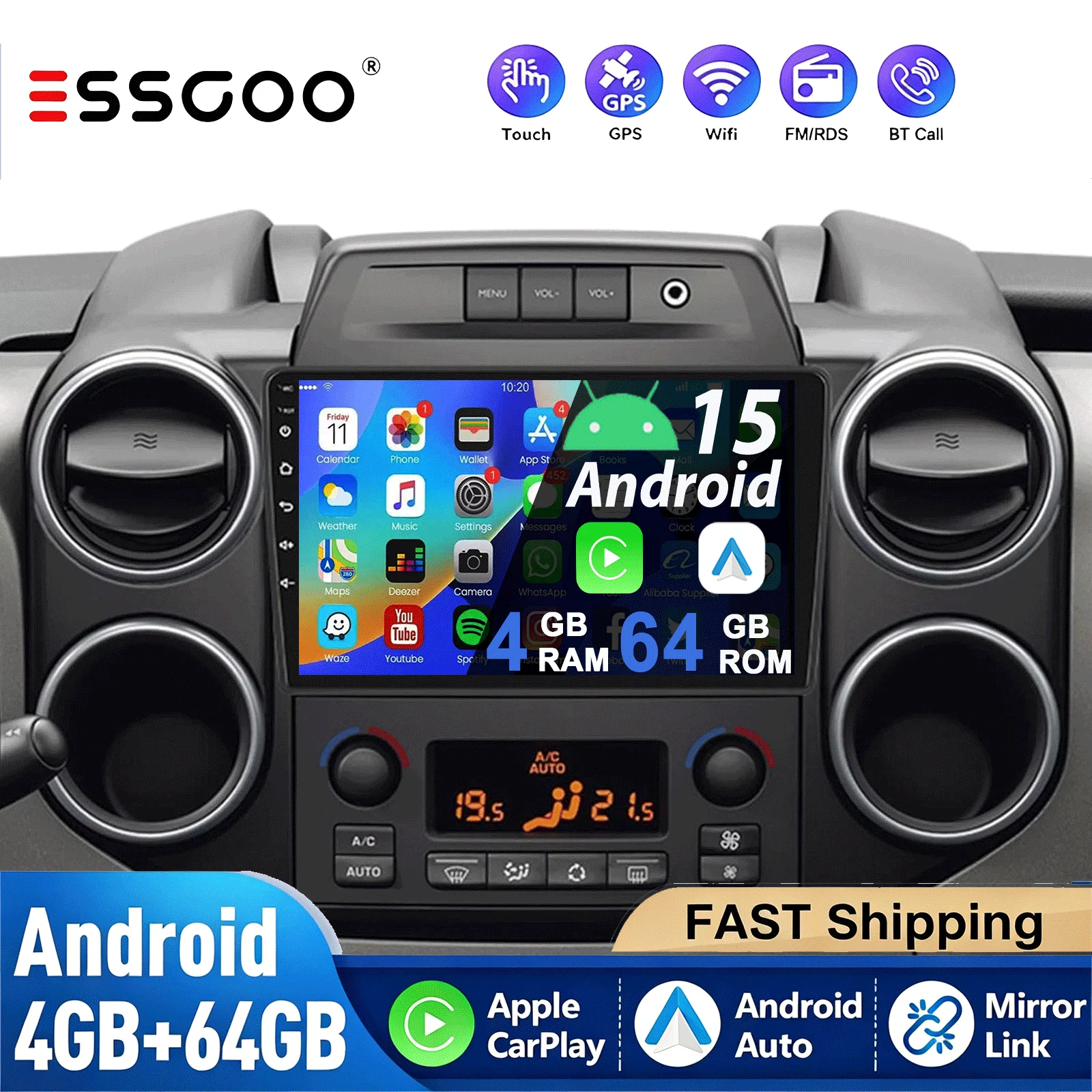 ESSGOO 4+64G Für Citroen Berlingo B9 Peugeot Partner 2008-2017 Kabelloses CarPlay Android Auto Radio GPS RDS WiFi BT Multimedia IPS-Bildschirm DAB+ Kamera