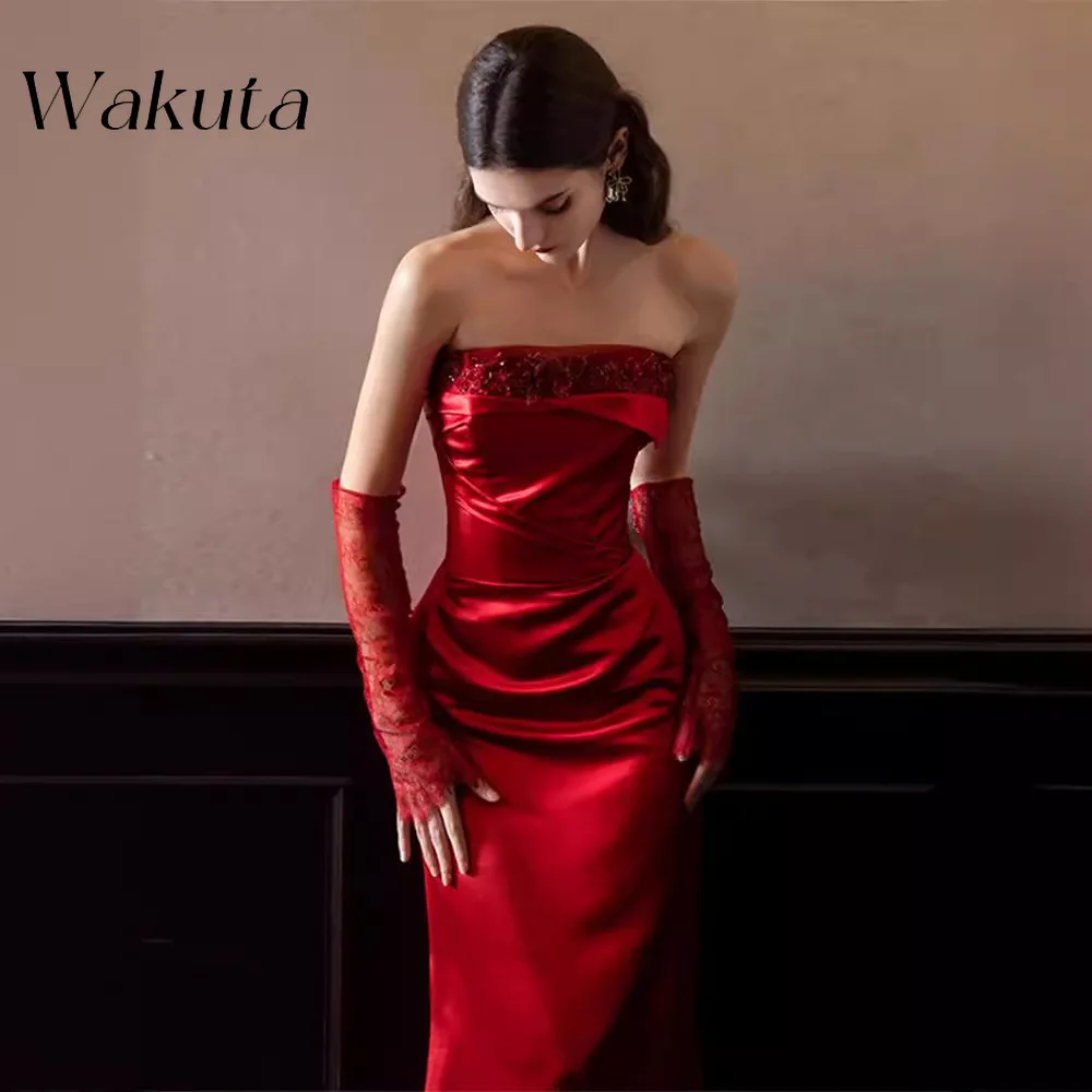 Wakuta Vintage Sheath Strapless Burgundy Dress Simple French Satin Engagement Dress Fishtail Backless Bridal Gowns فساتين السهرة