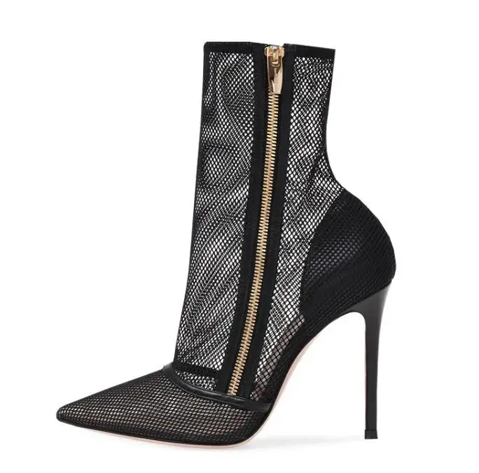 Sexy Black Mesh Ankle Boots Pointed Toe Thin High Heel Zipper Side Fashion Fishnet Summer Boots Ladies Short Boots