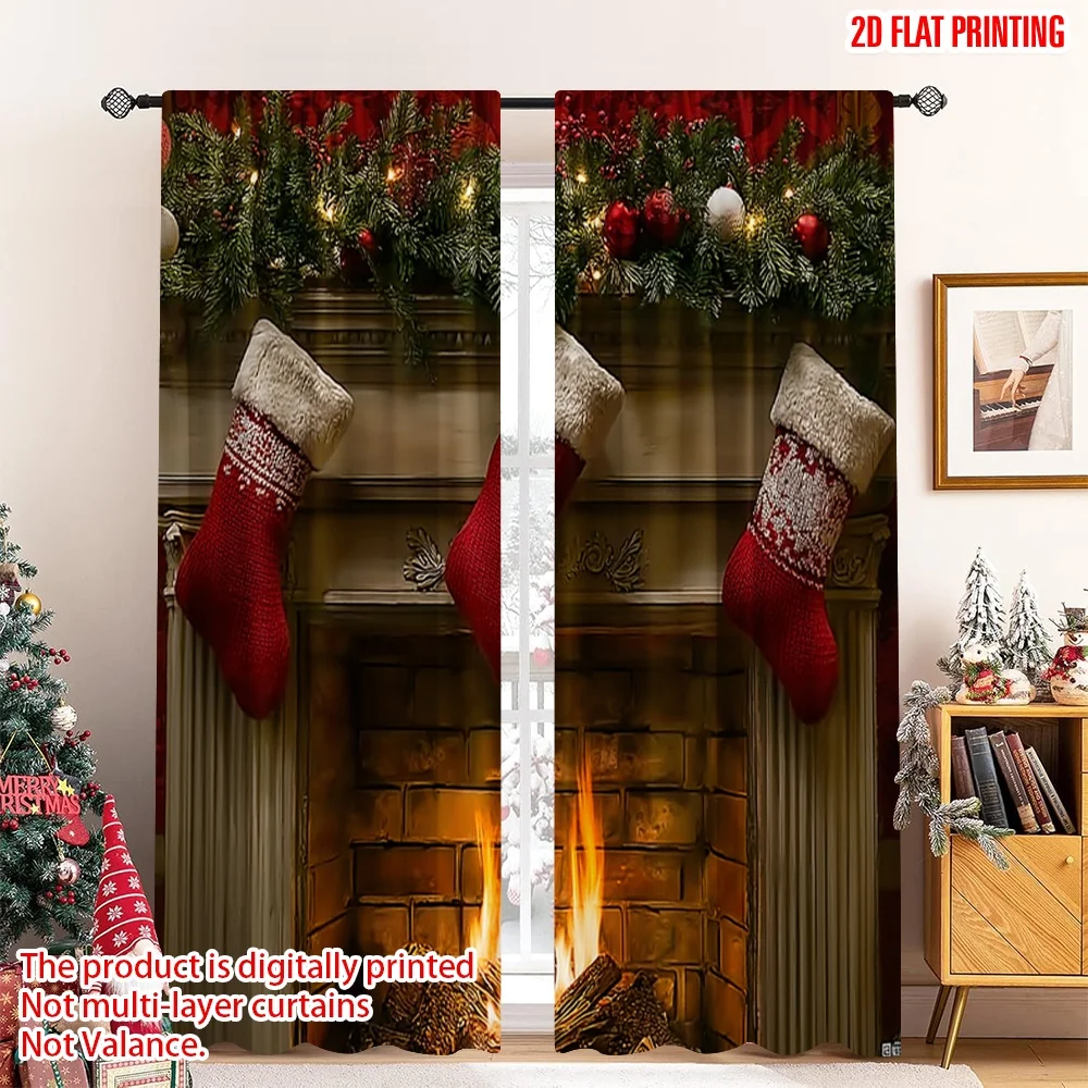 

2pcs 2D flat printing Christmas Scene Curtains Christmas6 Digital Printed Polyester Drapes Spring Perfect for Oversized Outdoor