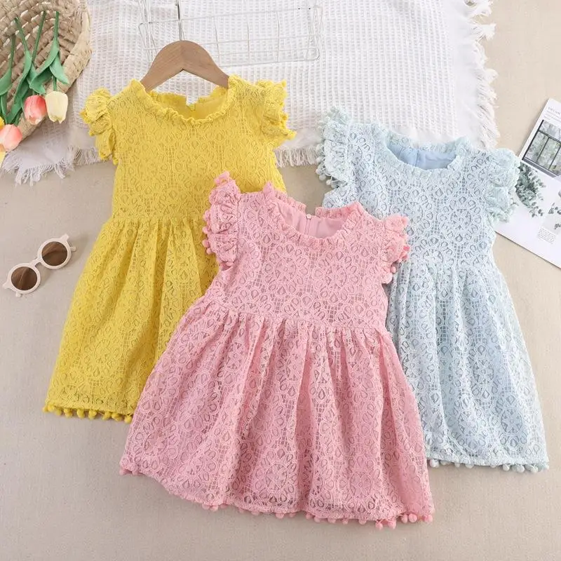 

2023 Summer New Arrival Girls Sleeveless O Neck Ruffles Hollow Out Pink Roupa Infantil Menina Cute Dress Custume 18M-7T