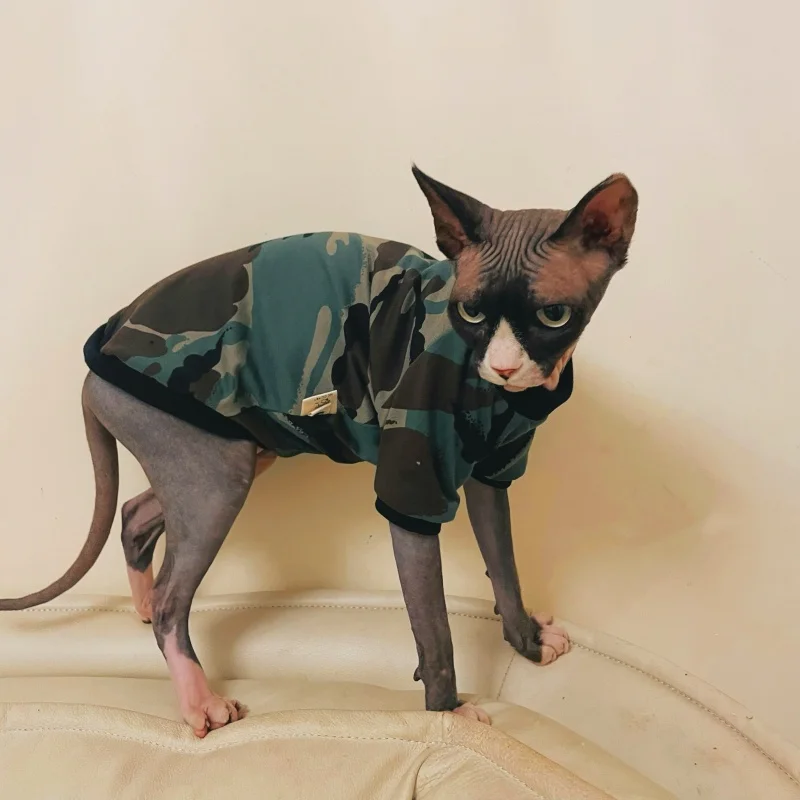 Sphinx Cat Cartoon Cotton T-shirt  Green Camouflage Coat Autumn Sweatshirt Cat Clothes in Spring for Devon Rex Cat Supplies