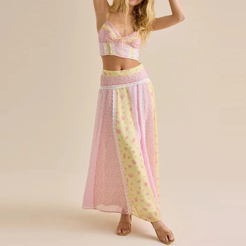 Backless Hollow Out Bohemian Suit V Neck Sling Crop Top & Long Skirt Sweet 2 Piece Set Summer Floral Print Beach Women's Outfit