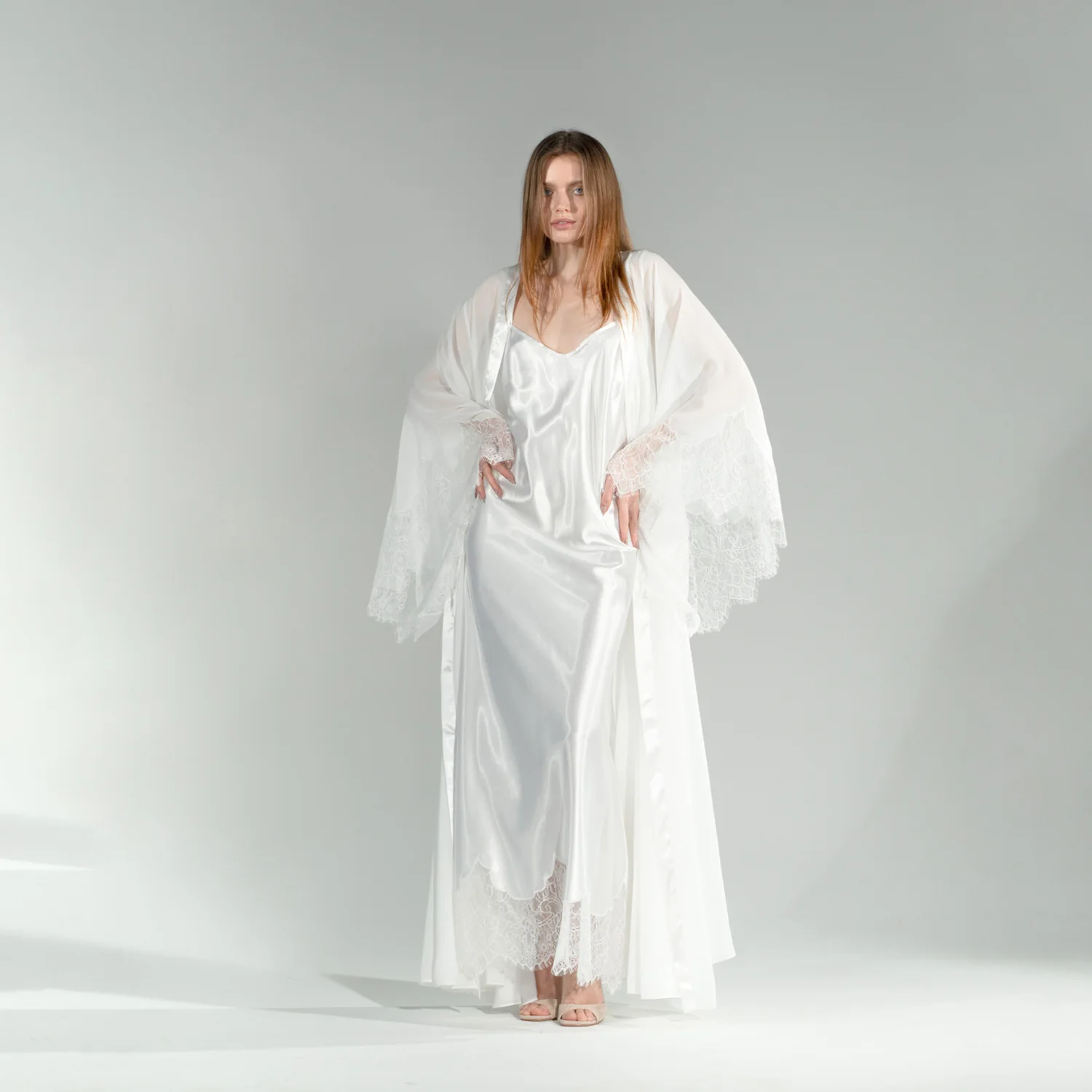 Pure White Silk Sling Women's Nightwear Sexy Chiffon Robe 2-Pieces Dressing Gown Comfort Pajamas Housecoat Sleepwear Customized