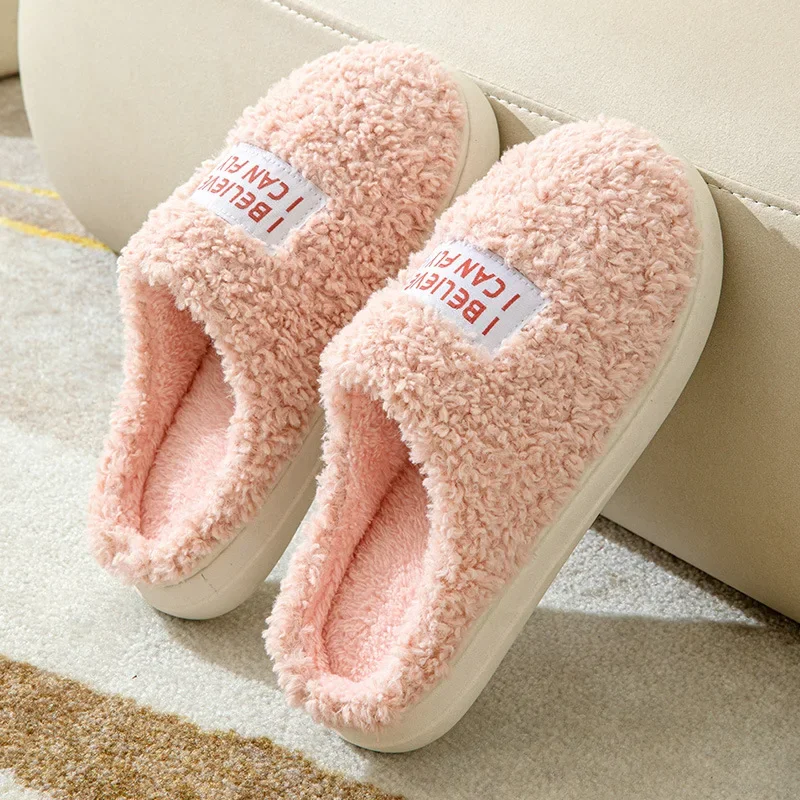 Thick Sole Home Indoor Outside Men And Women Couples Winter Household Warm Fluffy Slippers High Heels Plush Cotton Shoes Ladies