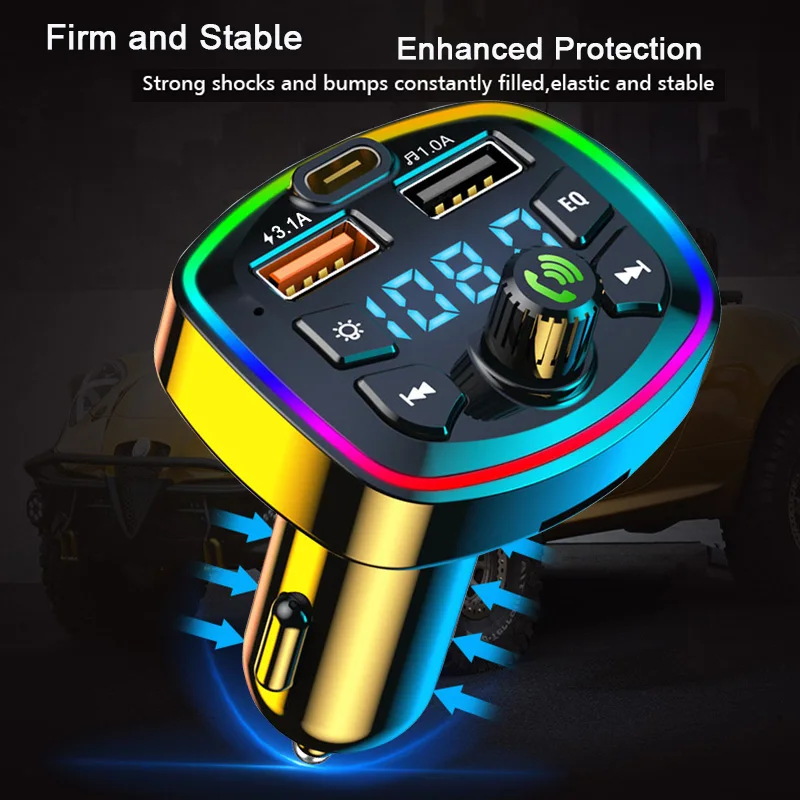 Bluetooth 5.0 Car FM Transmitter PD Type-C Dual USB For MP3 Fast Charger Type-C Wireless Light 18W Handsfree PD QC3.0