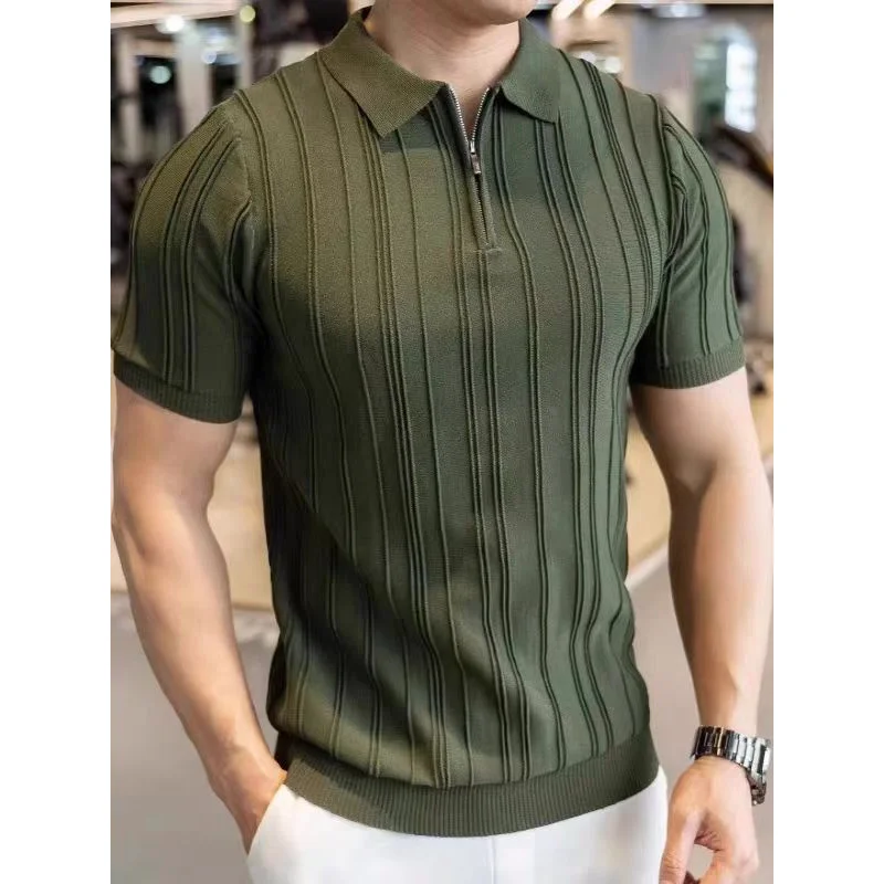 Summer New Half-Zip Short Sleeve Men'S Shirt Solid Color Fashion Versatile Non-Iron Turn-Down Collar Knit Shirt