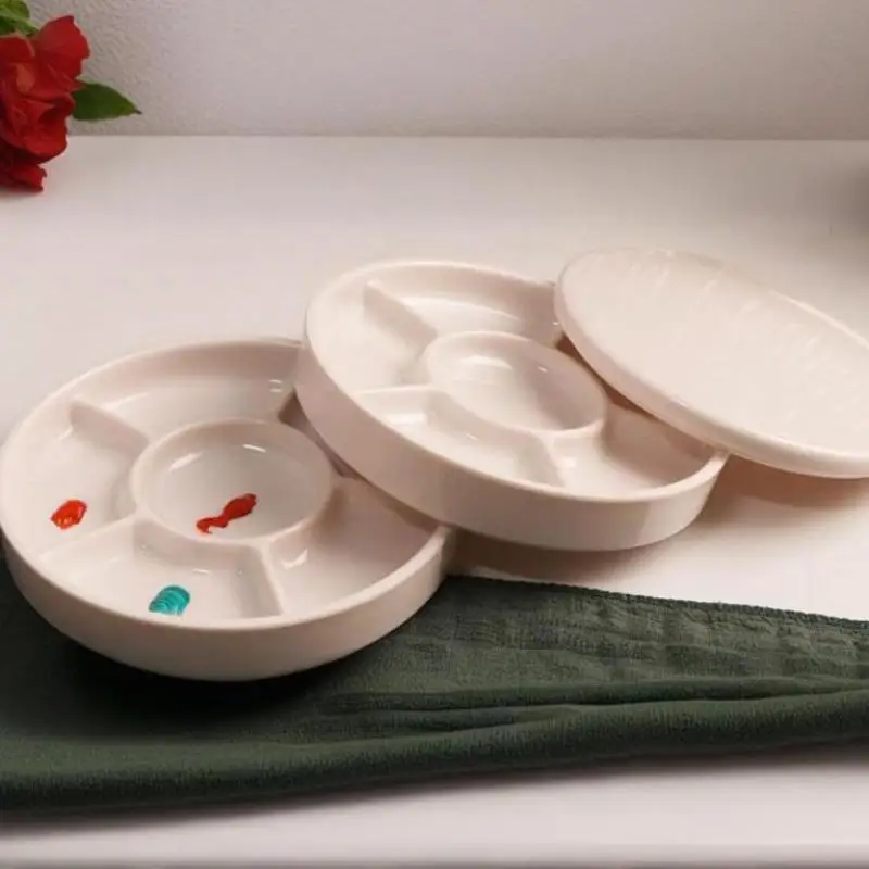 لوحة بورسلين مقلدة مستديرة مع غطاء - صينية طلاء أكريليك وألوان مائية متعددة الوظائف، مستلزمات الفنان الأبيض