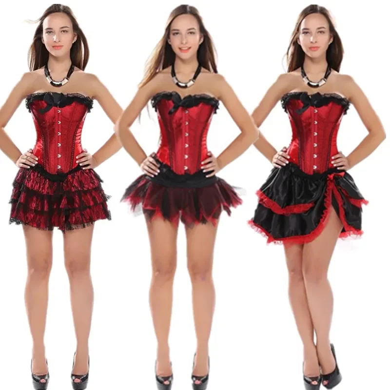 Red satin Palace overbust corset dancer showgirl corset tops Tu skorts dress waist cincher bustier plus size s-2xl oi3721