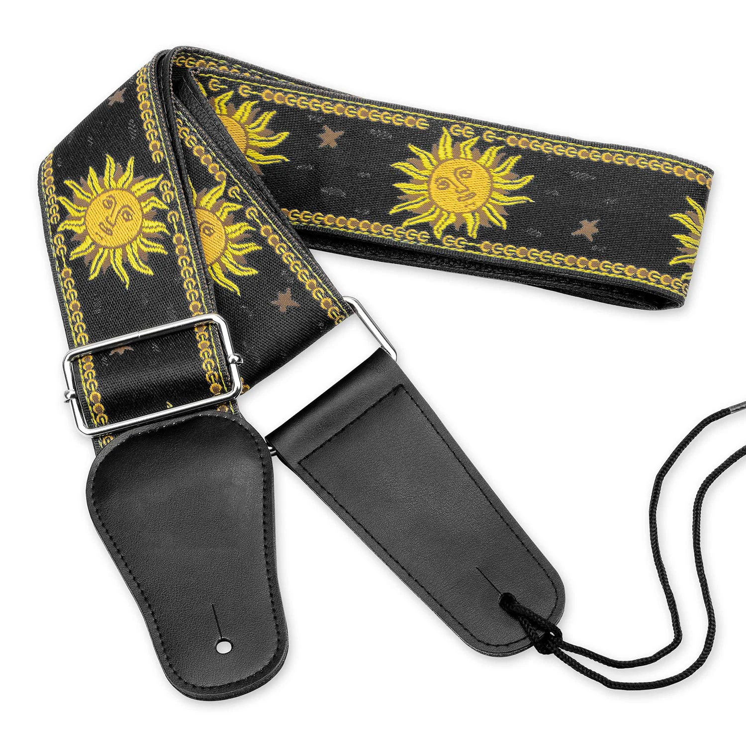 Guitar Strap with Genuine Leather Ends - Sun Jacquard Weave Strap For Bass Electric & Acoustic Guitars