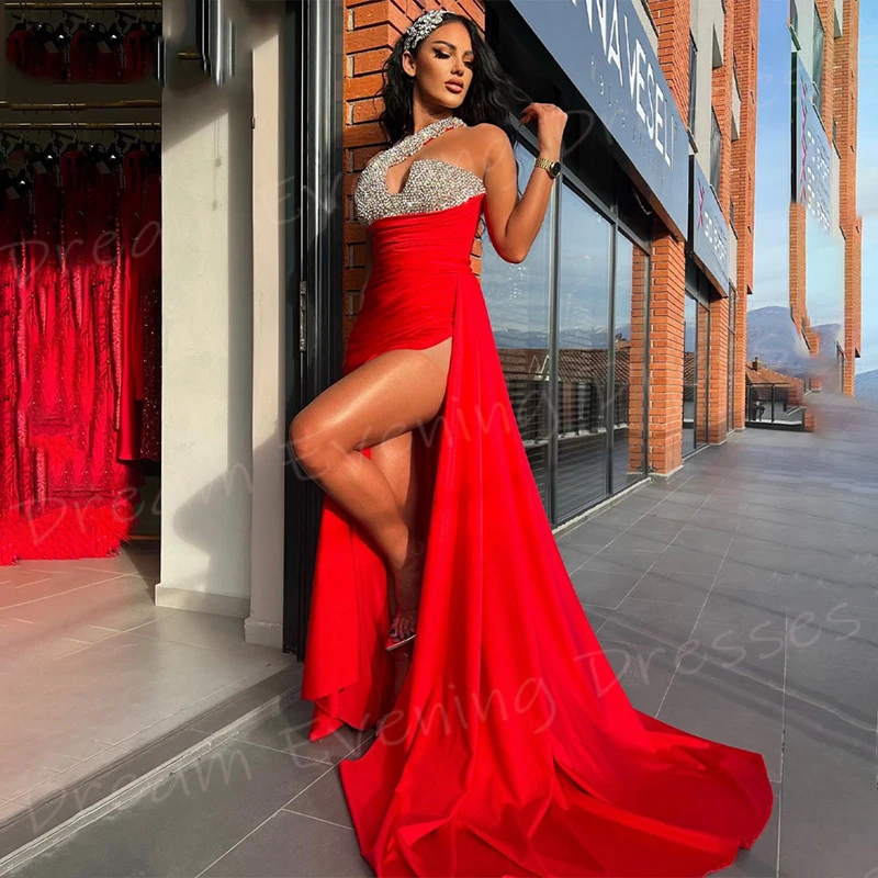 Generous Red Mermaid Popular Women's Evening Dresses Charming One Shoulder Prom Gowns Beaded High Side Split Vestido De Noche